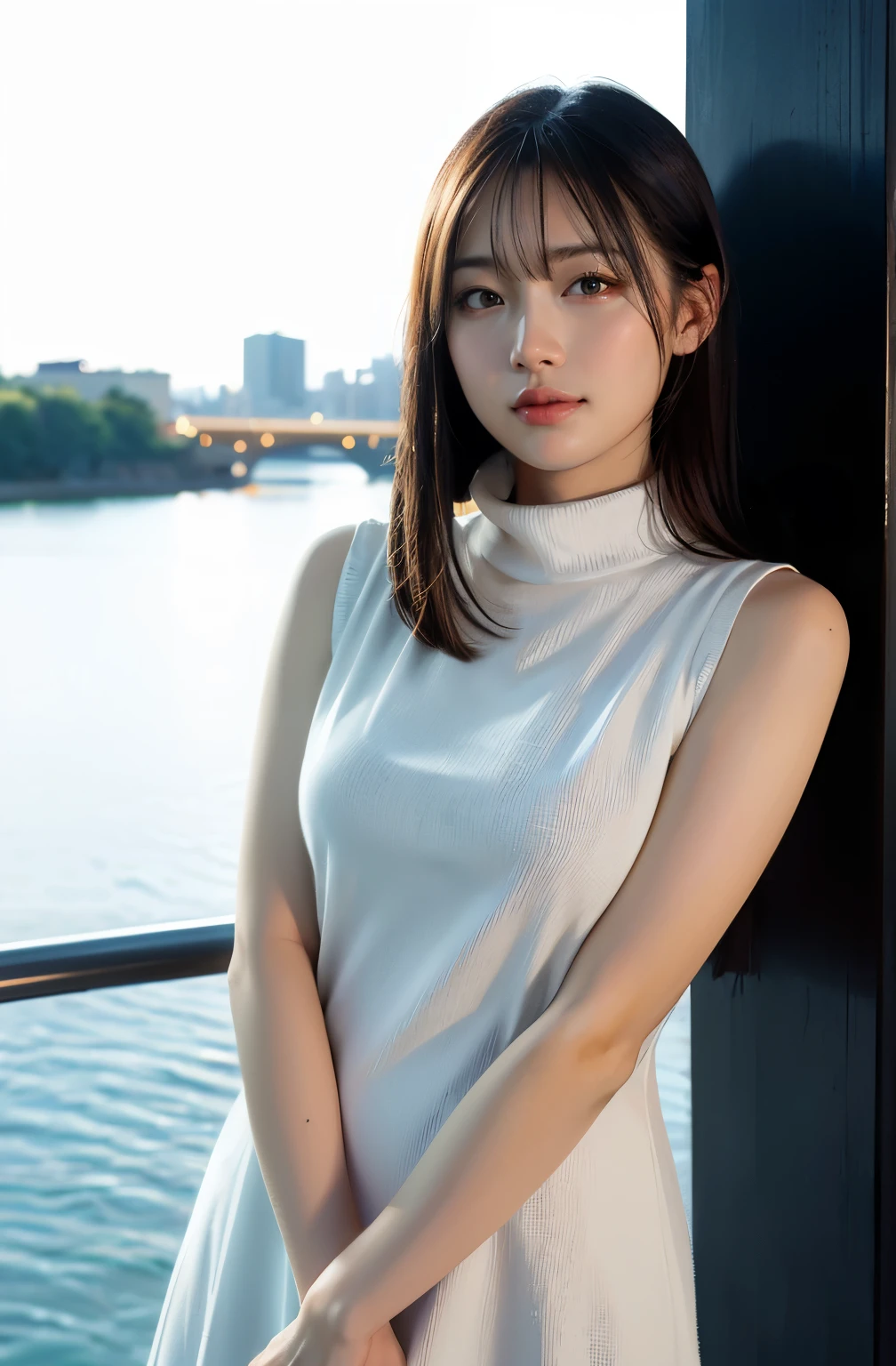 8K、highest quality、masterpiece、Super high resolution、picture、beautiful japanese woman(fun:1.1) 、grace、There is a goods、beautiful face、gradient lighting、1 girl、delicate skin、look far away、brown eyes、short hair with bangs、(big chest:1.0)、(medium areola:0.8)、(realistic:1.4)、(highest quality:1.0)、(Super high resolution:1.0)、8K、Raw photo、(masterpiece:0.2)、(Pueros face_v1:0.5)、Contrast Trim Polo Neck Bodycon Dress、one piece、polo shirt style dress、Super Mini Length、skirt is short、Futomo、cotton clothes、mini dress、襟付きone piece、sleeveless、No sleeve、tight、barefoot、cotton clothes、Do you need it?、Please look away、deep at night、Pitch darkness、deep at night、midnight、theme、lean、Look at this、big butt、big bust、A little chubby、Flow your bangs to the side、big ass、neat and well-groomed hairstyle、chest to chest、feel、mouth is slightly open、brown clothes、necklace、big butt、Futomo、a little drunk、陶醉、feeling naughty、I want to kiss、on the pedestrian bridge、pedestrian bridge handrail、night scene、put your hand on the railing、You can see the night view of Tokyo from the pedestrian bridge.、smile、stare、