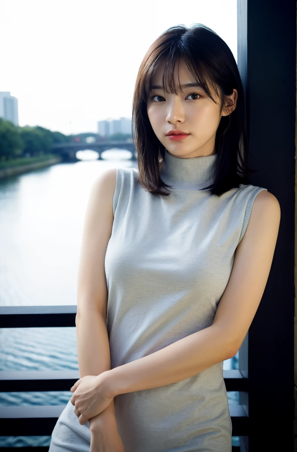 8K、highest quality、masterpiece、Super high resolution、picture、beautiful japanese woman(fun:1.1) 、grace、There is a goods、beautiful face、gradient lighting、1 girl、delicate skin、look far away、brown eyes、short hair with bangs、(big chest:1.0)、(medium areola:0.8)、(realistic:1.4)、(highest quality:1.0)、(Super high resolution:1.0)、8K、Raw photo、(masterpiece:0.2)、(Pueros face_v1:0.5)、Contrast Trim Polo Neck Bodycon Dress、one piece、polo shirt style dress、Super Mini Length、skirt is short、Futomo、cotton clothes、mini dress、襟付きone piece、sleeveless、No sleeve、tight、barefoot、cotton clothes、Do you need it?、Please look away、deep at night、Pitch darkness、deep at night、midnight、theme、lean、Look at this、big butt、big bust、A little chubby、Flow your bangs to the side、big ass、neat and well-groomed hairstyle、chest to chest、feel、mouth is slightly open、brown clothes、necklace、big butt、Futomo、a little drunk、陶醉、feeling naughty、I want to kiss、on the pedestrian bridge、pedestrian bridge handrail、night scene、put your hand on the railing、You can see the night view of Tokyo from the pedestrian bridge.、smile、stare、