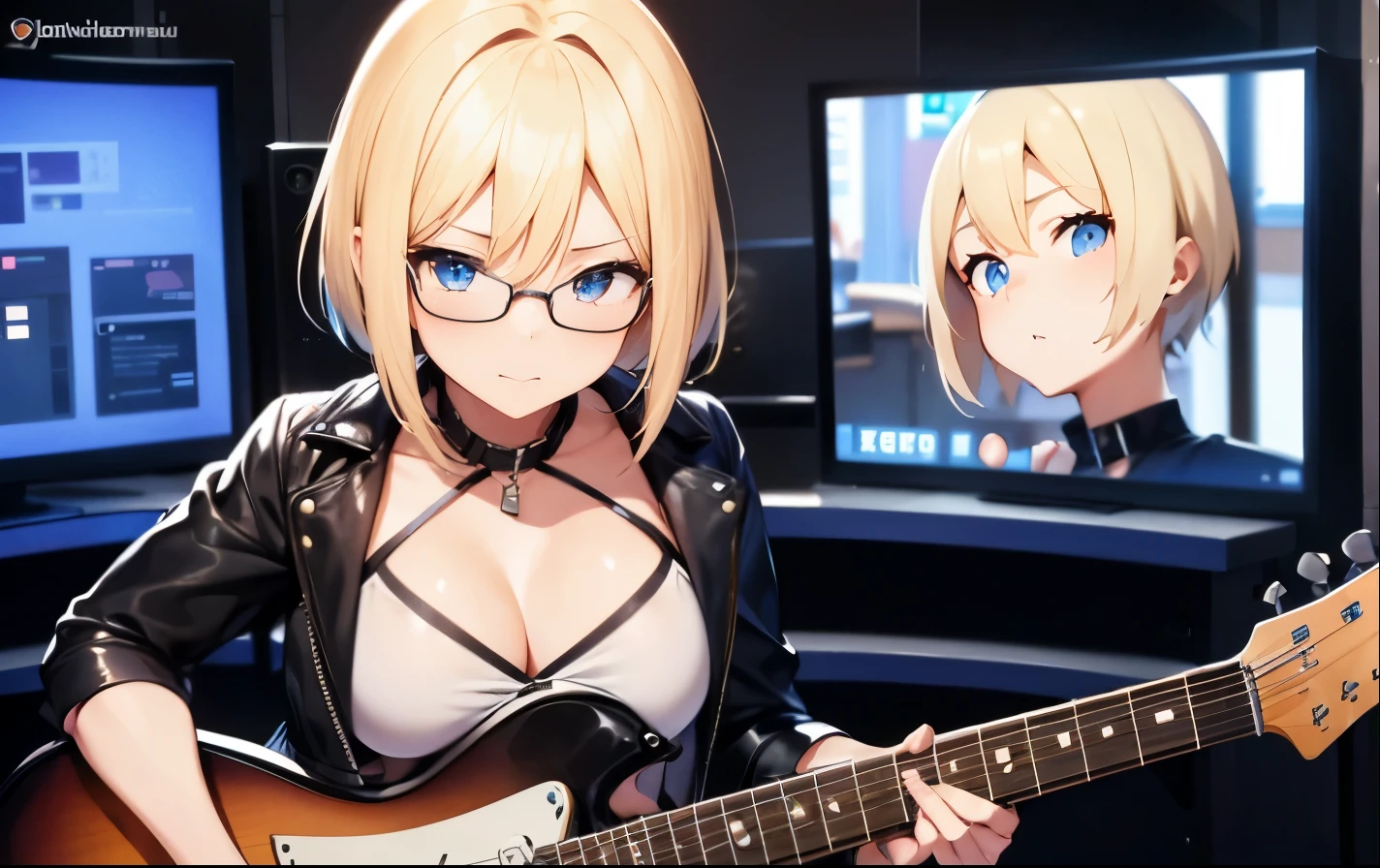 High resolution, 2D anime style,,blue eyes beautiful eyes,high and beautiful nose,thin face,blonde boyish short hair,Cool adult woman,chest is a little big,She looks very happy,bite&#39;lips, she was very angry, she wears glasses,she narrows her eyes,Punk fashion that shows cleavage,she is wearing a leather jacket and shorts.,have a guitar,i play the guitar,sing,Inside the studio
