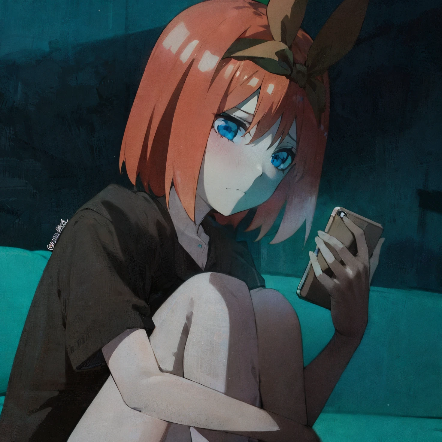 Top quality, sparkling big eyes, sfw, pretty teenage girl with orange shoulder length hair, perfect quality, 4k, masterpiece, aayotsuba, Nakano Yotsuba from The Quintessential Quintuplets, Yotsuba Nakano, masterpiece, 4k, ultradetailed, cowboy shot, nakano yotsuba, shoulder length straight orange hair, straight hair, blue eyes, sparkling eyes, green hair bow ribbon, green bowtie, yellow sleeveless sweater, collared white shirt, green pleated skirt, school uniform, distress, worried face, looking at her phone
