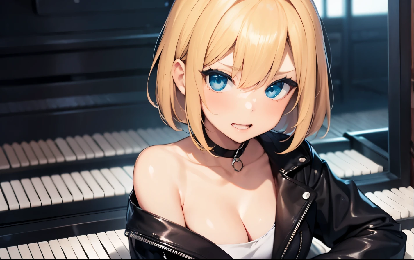 High resolution, 2D anime style,,blue eyes beautiful eyes,high and beautiful nose,thin face,blonde boyish short hair,Cool adult woman,chest is a little big,She looks very happy,bite&#39;lips, she was very angry, she narrows her eyes,Punk fashion that shows cleavage,she is wearing a leather jacket and shorts,I play the piano,Inside the studio
