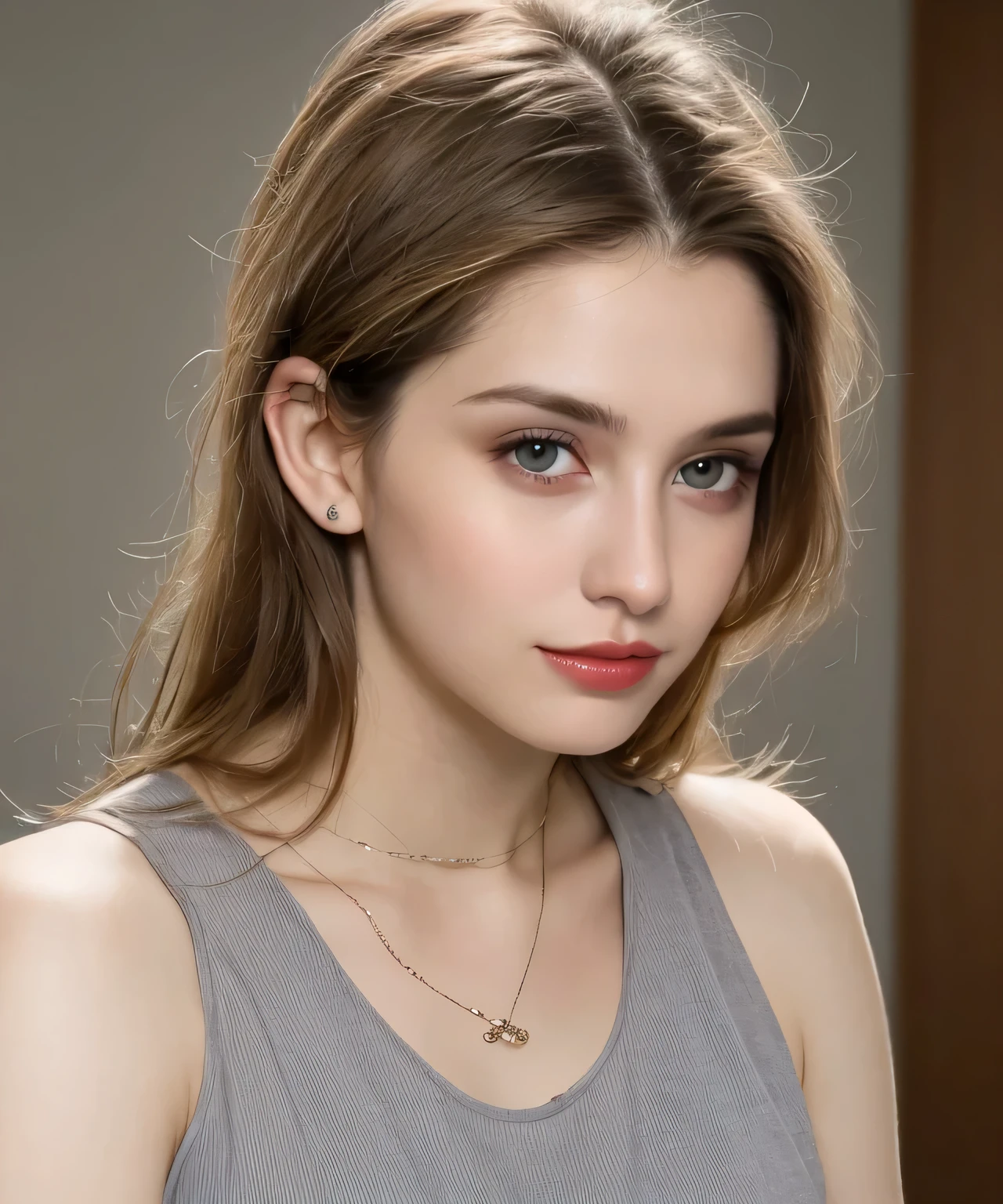 Fashion model 25 years old, [Close-up]]]], [[Chest]]]], [Neck]]]], [Shoulder]]]], perfect eyes, perfect iris, perfect lips, perfect teeth, perfect skin, soft front light, glow, HDR, (muted colors: 1.2)