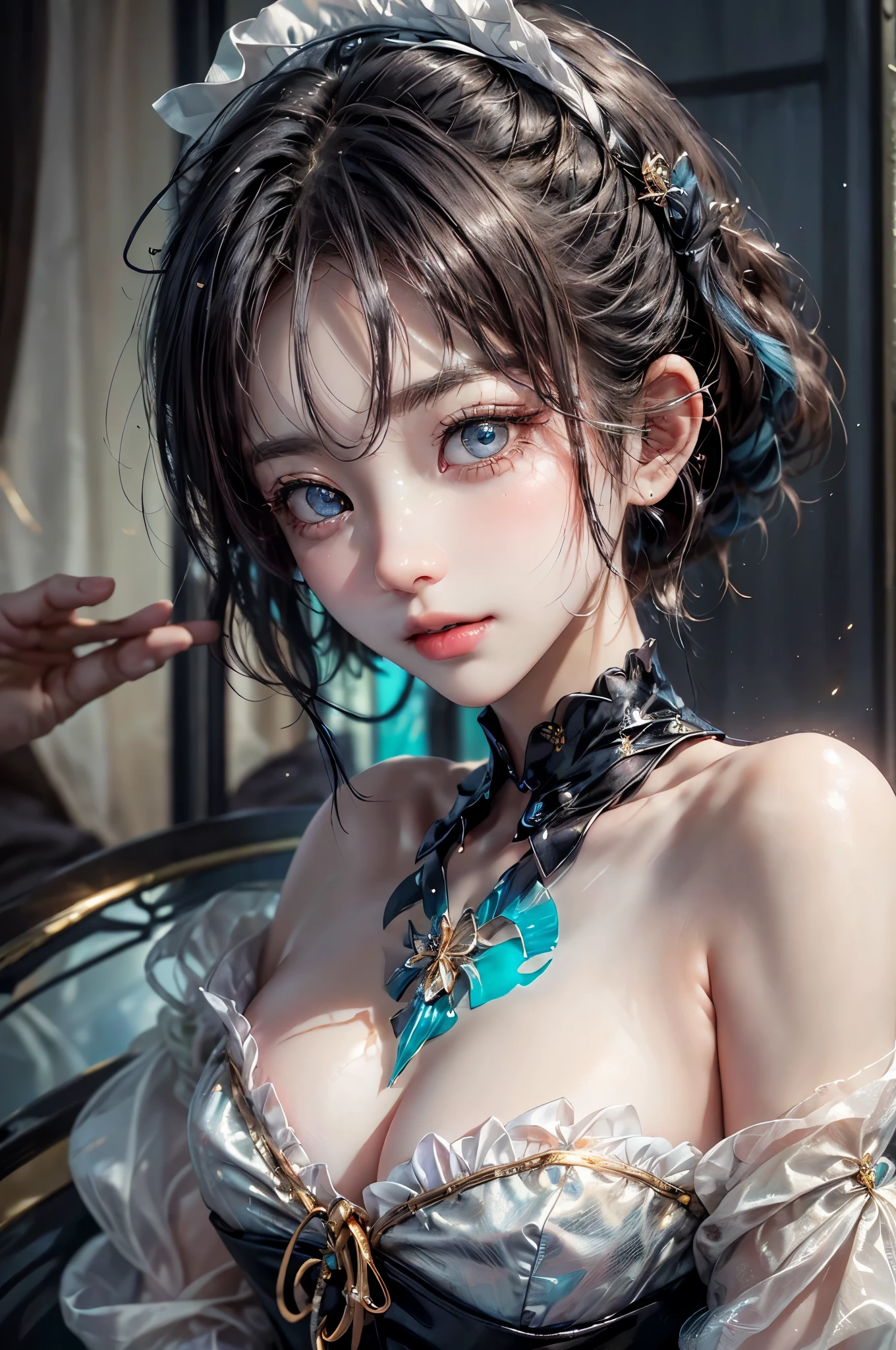 (Close-up:1.4)、(RAW shooting:1.2)、(photorealistic:1.4)、(masterpiece:1.3)、(highest quality:1.4)、solo、7 head and body、(slender and beautiful girl)、cute、(beautiful detailed eyes)、(charming big eyes)、(beautiful double eyelids)、(beautiful and detailed face)、(gentle smile:1.2)、(big breasts:1.2)、(cleavage)、(erect nipples:1.2)、(full body shot)、8K、(muste piece:1.2)、(pale blue hair、short bob:1.3)、(Bangs Patsun)、(headdress、white blouse、black ribbon、ruffle skirt、puff sleeves、collar、choker、white apron with fine frills:1.3)、White Knee High Socks、black maid costume、(Sexy model pose with chest sticking out:1.3)、cowboy shot、view audience、(small butt)、(beautiful hands)、(beautiful thighs)、cute系、(perfect anatomy:1.2)、ancient city、