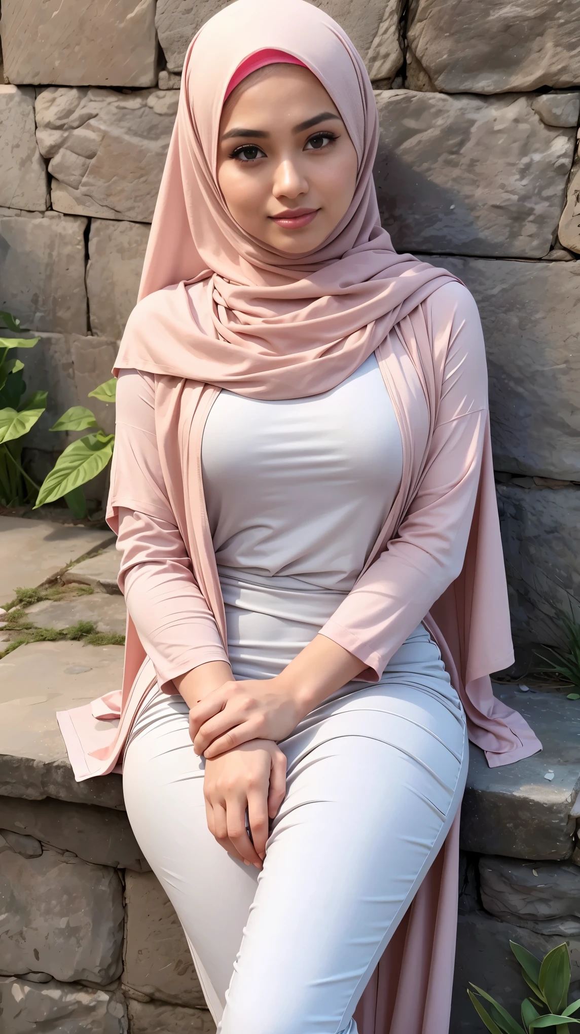 (Close Up),RAW, Best quality, high resolution, masterpiece: 1.3), beautiful Malay woman in hijab,Masterpiece, perfect slim fit body,small breast, big gorgeous eyes, Soft smile,beautiful face,thick thighs, woman sitting on a stone wall with a bag and a backpack, feminine in cute pastel shades, feminine in pastel shades, hijab, with lovely look, handsome girl, casual pose, wearing beautiful clothes, simple dress, inspired by Fathi Hassan , very attractive and beautiful, Excellent lighting, Bright colors, Clean lines