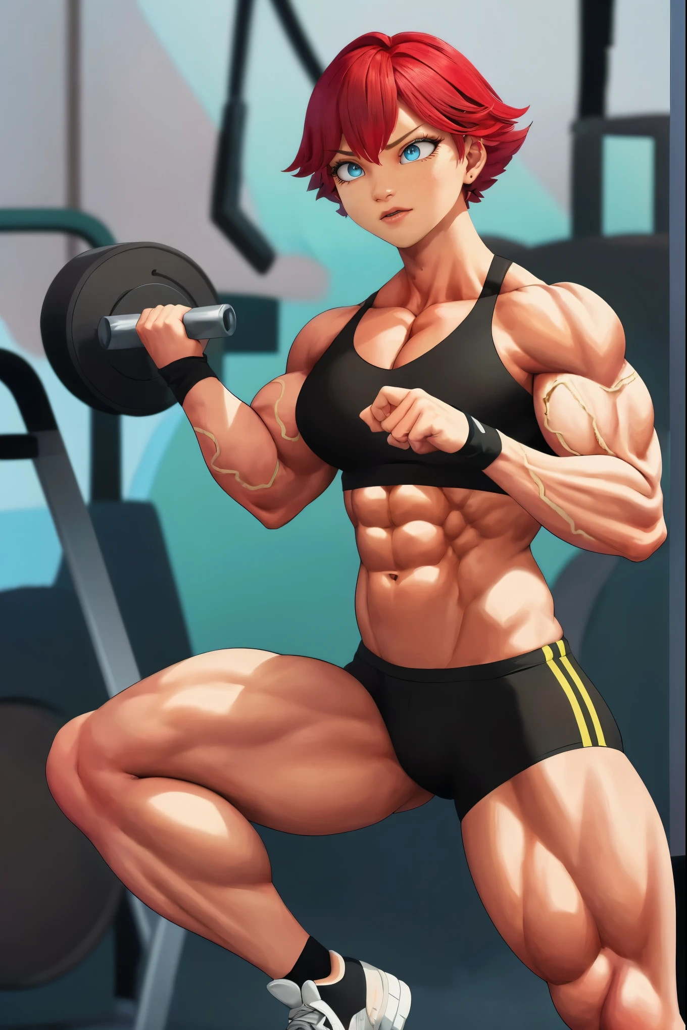 (masterpiece, best quality:1.2), Alix Kubdel ,solo tomboy. Tough, stubborn, reckless, and self-confident, red hair ,wear (black,top, shirt and short's), sporty girl.,muscular,female,bodybuilder,strong,toned physique,ripped muscles,lean body,fitness enthusiast,empowered,confident,posing on the stage,determined expression,fierce competition,bulging biceps,sweat dripping,veins popping,athletic physique,intense workout sessions,strong legs,bulky shoulders,disciplined lifestyle,dedicated training regimen,fitness inspiration,endurance,unstoppable force,barbell,weights,exercise equipment,stamina,perseverance,sculpted arms,powerful presence,fitness model,athleticism,competition preparation,high-intensity training,competition stage,striking physique,mental fortitude,motivation,hard work,persistence,inspiring,admired by others.