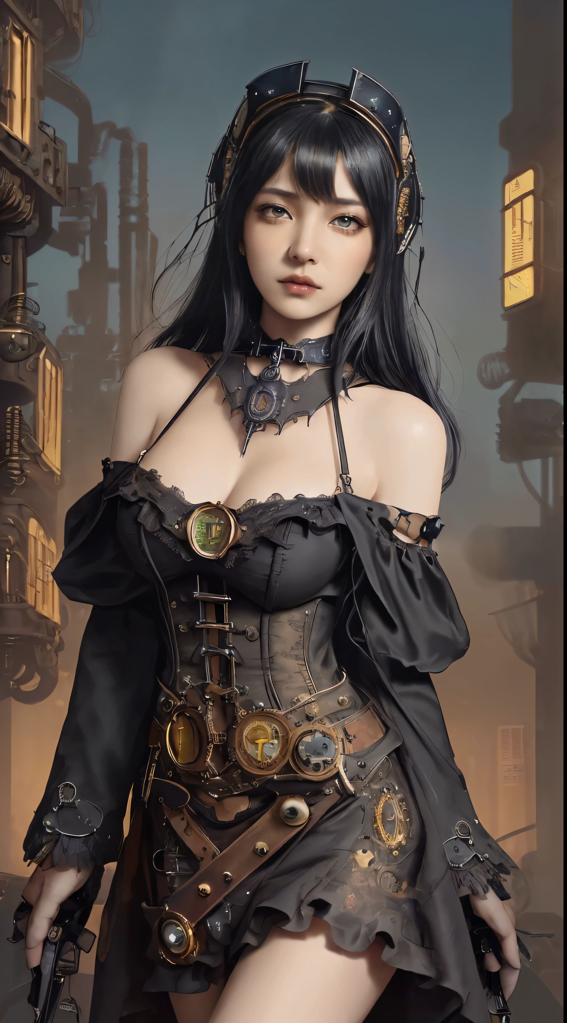Wizard Girl, (((very dynamic action pose, Invoke the magic, Mechanical Magic Weapons))), (((supreme masterpiece))), (((super top quality))), (((Top-notch detailed face))), (((woman, Age 14))), ((long slit, three very large crescent-shaped eyes, Very large eyes, Dazzling dark gray eyes like jewels)), ((long eyelashes, very thin small nose, Very small mouth, Very thin upper lip, bright natural makeup)), ((Very slender and attractive body, very thin long legs), black lace stockings above the knee, (((steampunkのヘッドギア))), (((Fluttering black lace flared skirt))), (((緻密で緻密なsteampunkと緻密なブラックGothic punkを融合させたオフショルダーブラックファッション))), beautiful small breasts directed upwards, (Princess cut hairstyle with thick bangs), (beautiful long black hair, curled vertically, greatly disturbed by the wind), 未来的で複雑なsteampunkな工場の背景, Countless celestial neon lights pouring down from the heavens, (Cinematic lighting decoration), (Overall accuracy has improved very dramatically, Create highly detailed and realistic images), (Beautifully rendered with striking contrast、Enhances visual impact. produce something very realistic, Yet it has a very dreamy texture., Immerse your audience in a mesmerizing visual experience), (super detailed background), (Gothic punk:1.4, steampunk:1.4).