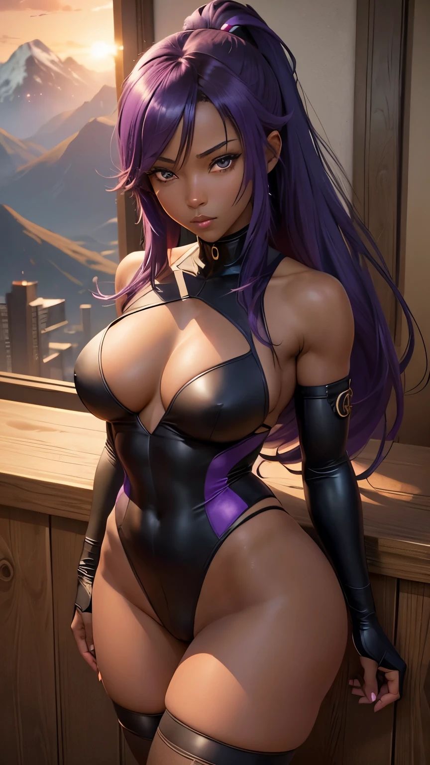 (masterpiece), best quality, expressive eyes, 1girl, shihouin yoruichi, ((dark-skinned female)), ((dark skin)), leotard, thighhighs, purple hair, long hair, ponytail, perfect breasts, thighs, mountains, sunset, from above , eyes detail