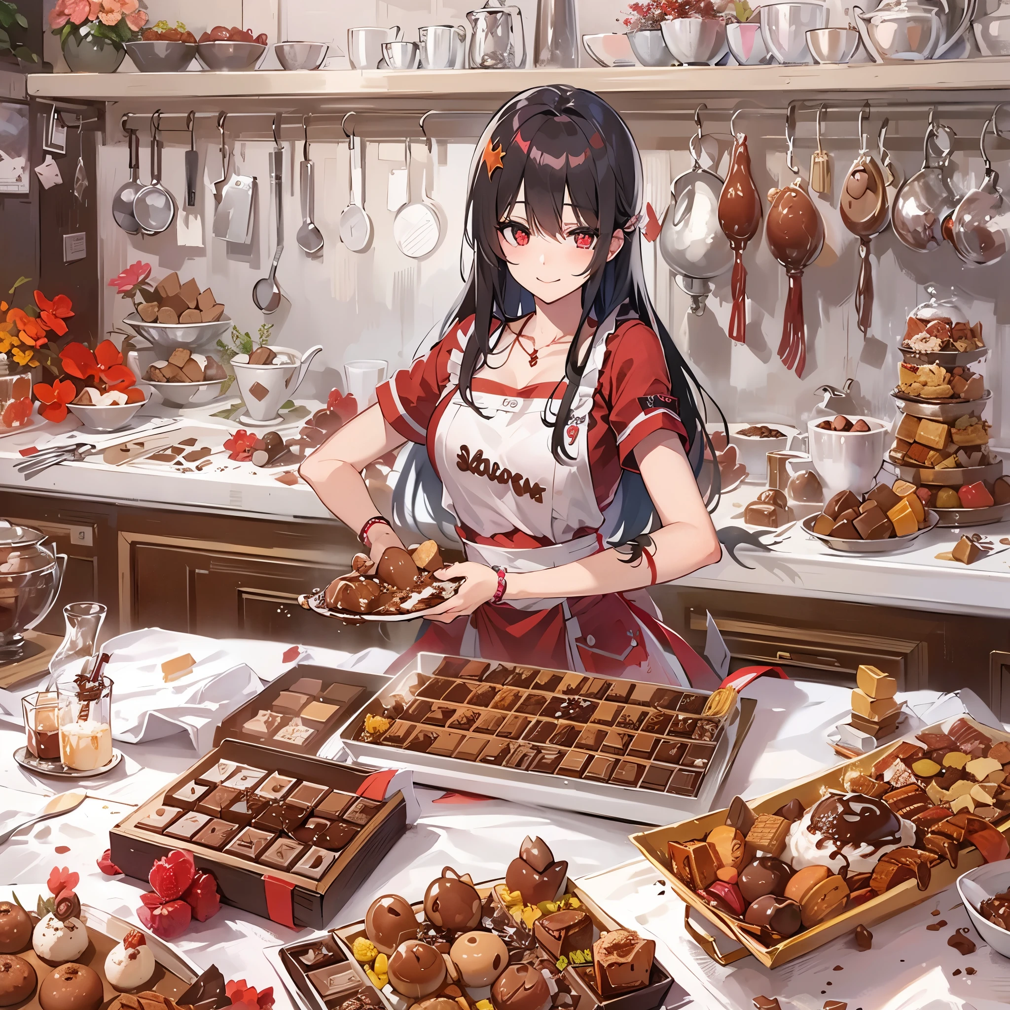 ((chocolate sweets)), in the kicking, ((Arrange beautiful chocolates)) (solo:1.2 black hair long straight hair femdom girl, 17 yo, beauty red eyes, best smile, ((big breasts)), eating chocolate, in a Elegant apron), beauty chocolate sweets on the table, break, perfect anatomy, masterpiece:1.2, best quality, 8k, beautiful detailed grow, daydreaming expression.