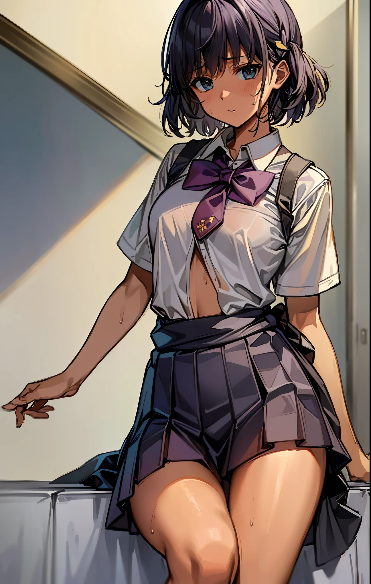 (masterpiece, best quality;1.3),extremely beautiful detailed anime face and eyes,extremely detailed illustrations,1girl, solo, 18-year-old、((日本のAcademy服姿:1.5))、(sweat,sweaty and wet clothes、Collared short sleeve white shirt、white crop shirt、showing off her wet white panties:1.2、camel toe,purple tie、Navel is visible,navy pleated mini skirt,detailed skin, dark skin,oily skin,smaller head、ideal ratio body proportions,slender body,medium breast,cowboy shot, shy look、 nadia,short cut hair,dark purple hair,sitting、M type spread legs:1.2,spread legs,legs up,hand holding own leg、sadamoto yoshiyuki,storehouse、Dim interior lighting、Academy、