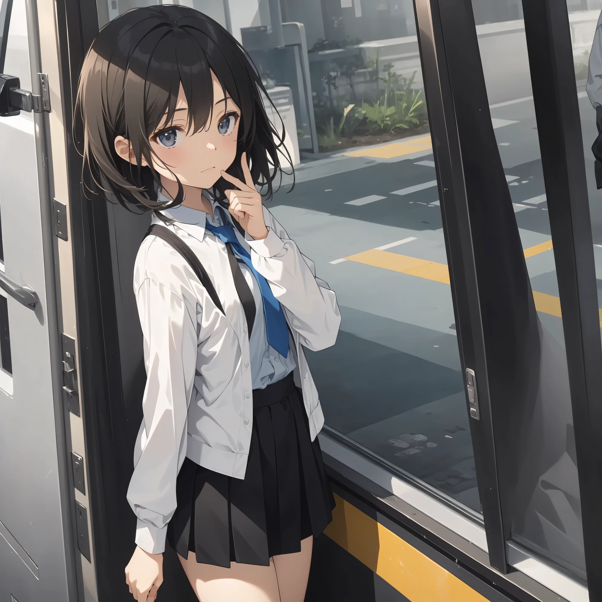 Super high quality by the art god, super detailed, High resolution, Shinkai Makoto style, anime moe art style, best anime 8K konachan wallpaper, pixiv contest winner, perfect anatomy, break,(眠そうにalone学校へ行く女の子を描いてください. )break, 1 girl, (alone,little woman, lolita, , 13 years old:1.3),All limbs, full finger,, The charm of an immature body, (very short hair), flat chest, small ass, between legs, Small black eyes, beautiful and fine eyes, Well-proportioned iris and pupils, expressive eyes, disgusted eyes, High resolutionの詳細な髪, wearing school uniform, (skirt),(detailed lighting), (detailed background), On the way to school., break,super dense skin, Best lighting by famous artists, 8K, figure,UHD, rough skin