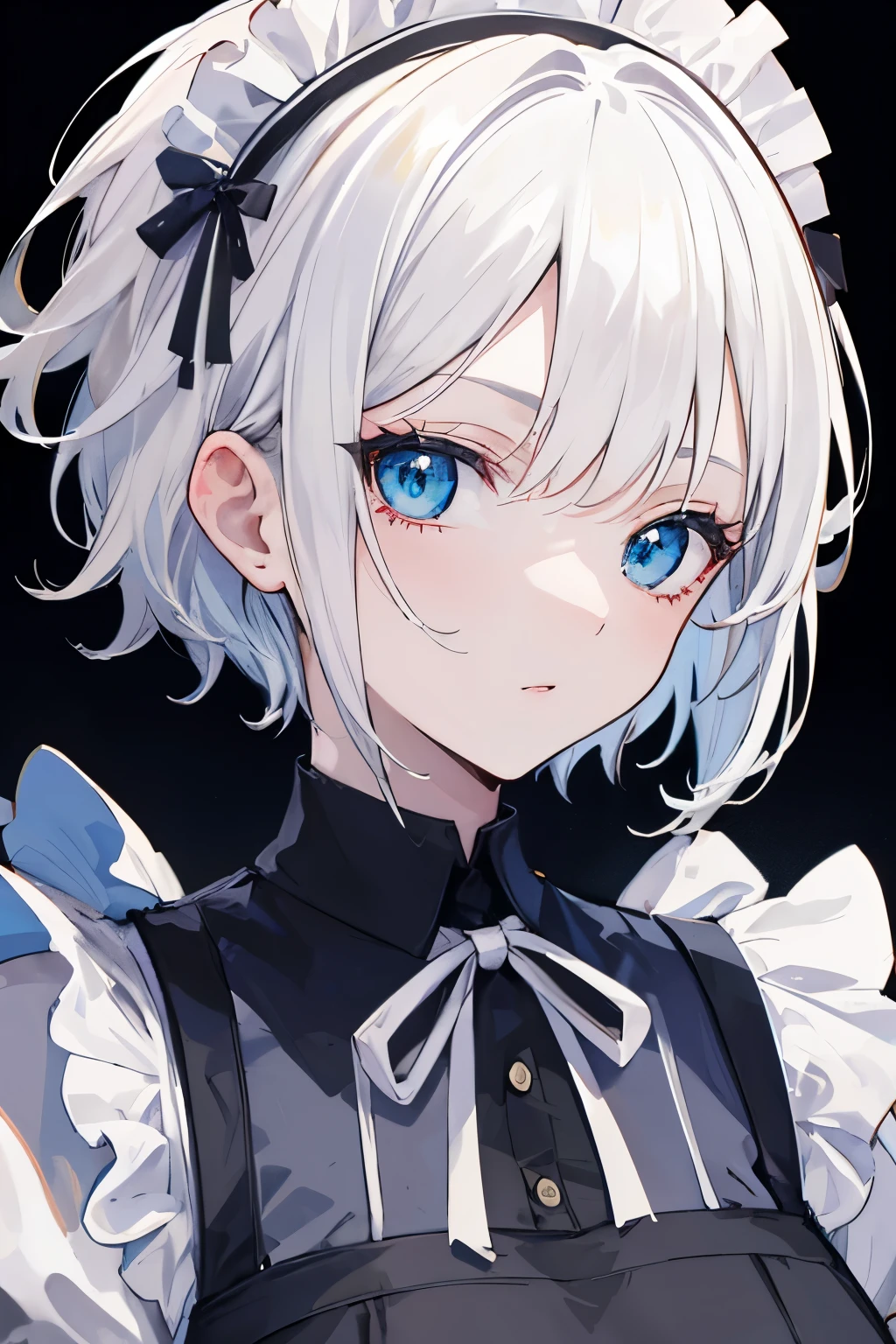 ((best quality)), ((masterpiece)), (detailed), perfect face,1 busty girl, White hair, short hair, Maid in Black, Blue eyese, black background