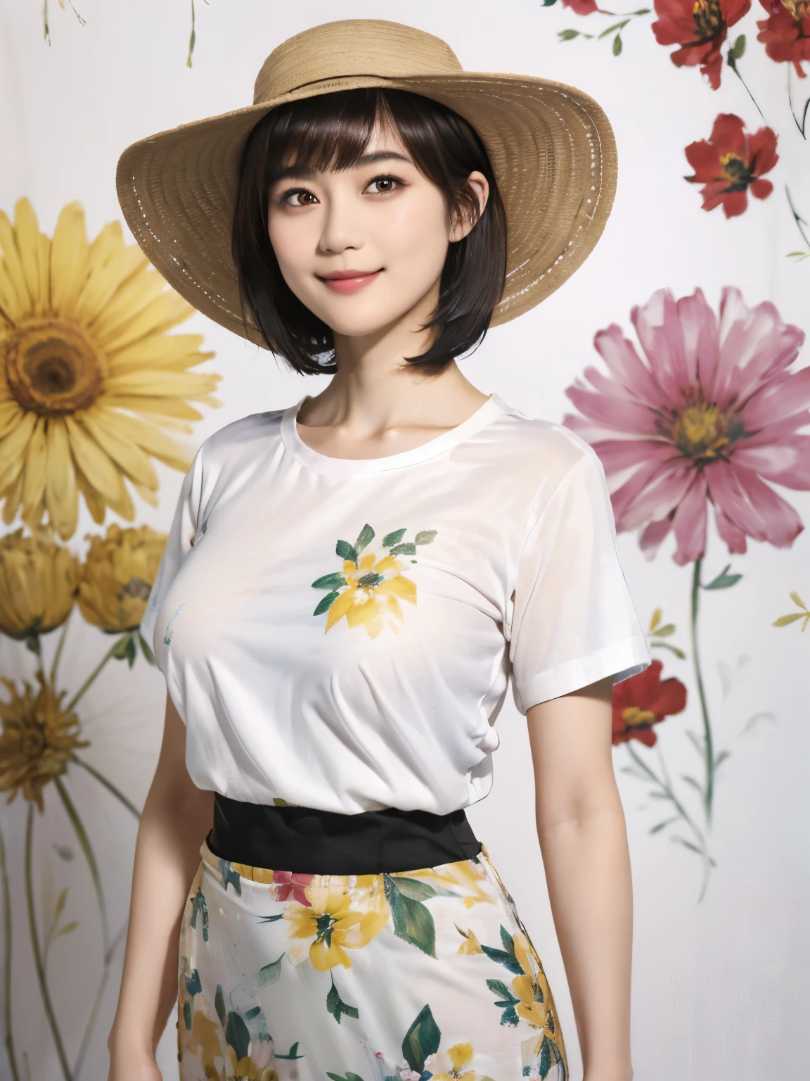 159
(Shorthair:1.46), (a 20 yo woman, standing), (A hyper-realistic), (Masterpiece), (8KUHD), (gentle smile), Slender waist, ((Floral Clothing - T-Shirts)), (abstract splash painting), (breasts:1.3), (口紅), panama hat
