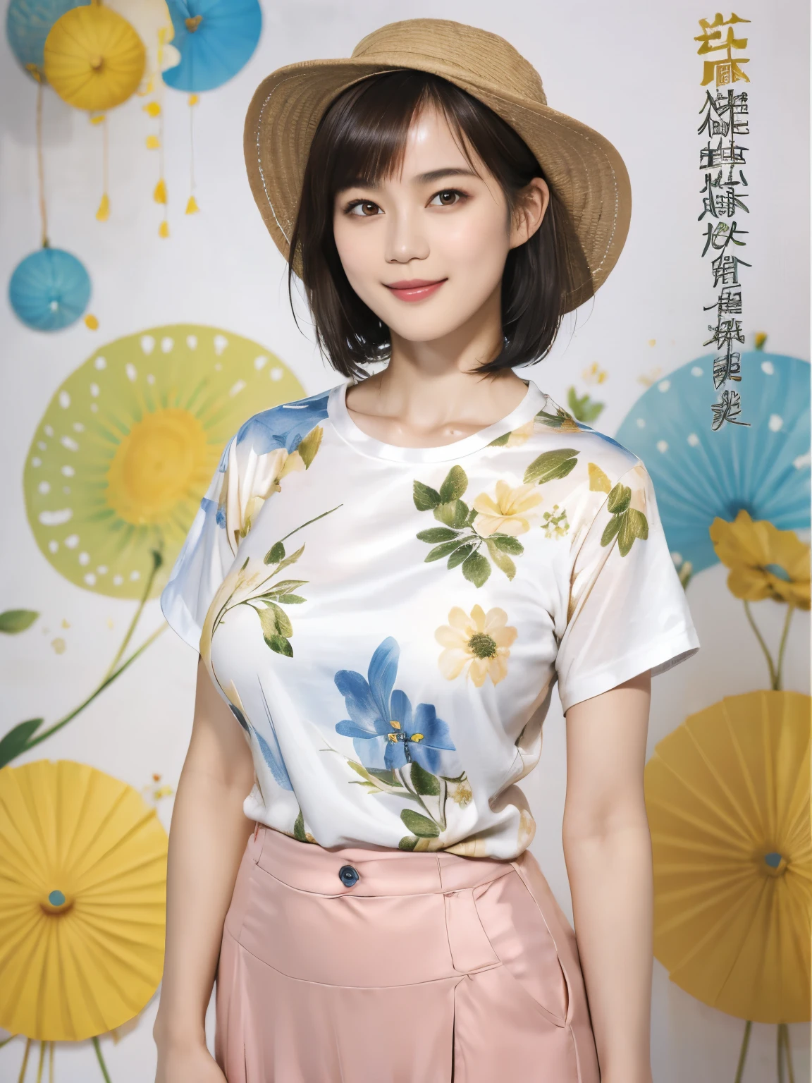 159
(Shorthair:1.46), (a 20 yo woman, standing), (A hyper-realistic), (Masterpiece), (8KUHD), (gentle smile), Slender waist, ((Floral Clothing - T-Shirts)), (abstract splash painting), (breasts:1.3), (口紅), panama hat