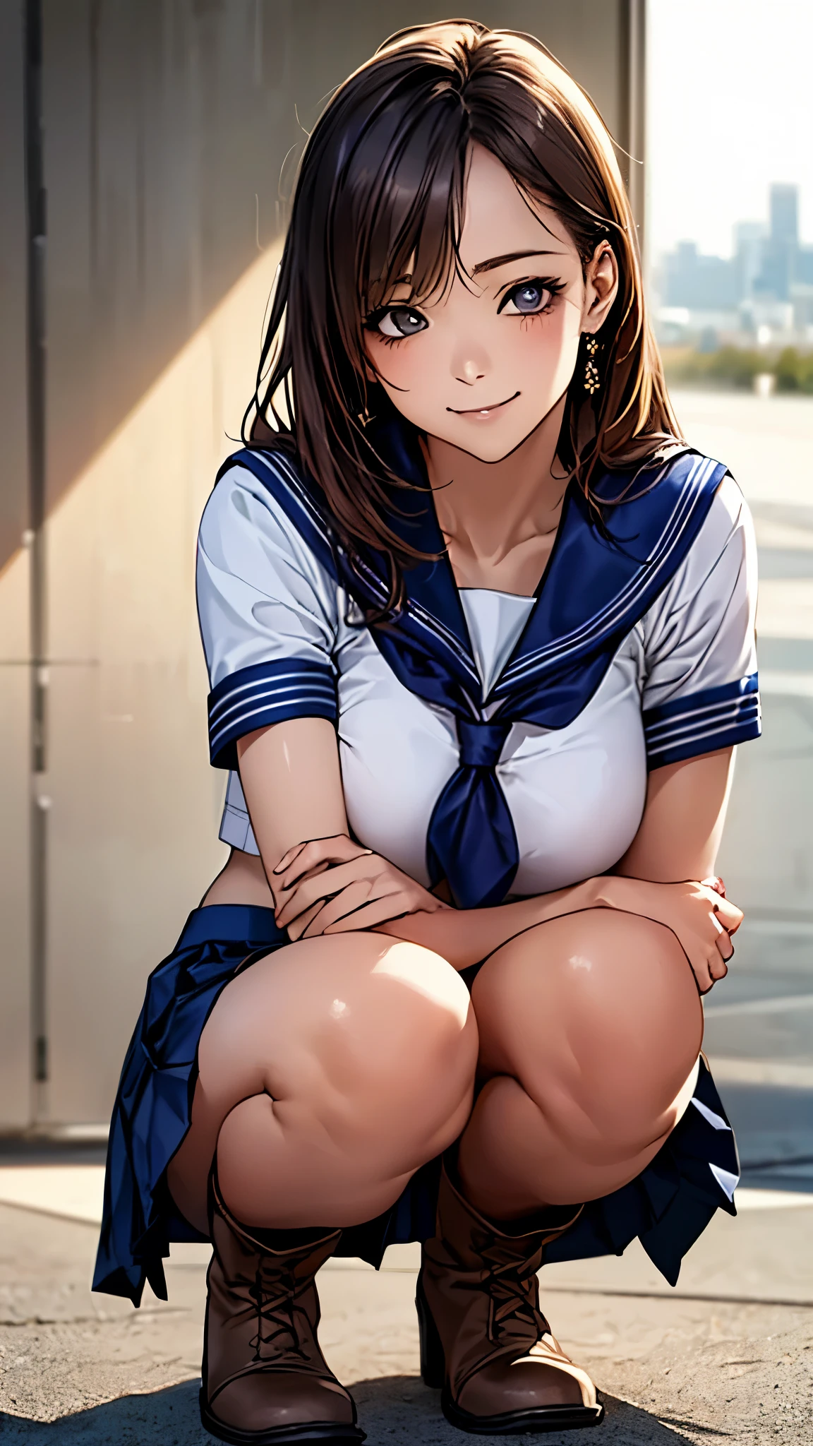 (masterpiece:1.2, top-quality), (realistic, photorealistic:1.4), beautiful illustration, (natural side lighting, movie lighting), 
looking at viewer, 1 girl, japanese, high school girl, perfect face, cute and symmetrical face, shiny skin, slender,
(middle hair:1.5, straight hair, light brown), parted bangs, long eye lasher, large breasts:0.8, 
beautiful hair, beautiful face, beautiful detailed eyes, beautiful clavicle, beautiful body, beautiful chest, beautiful thigh, beautiful legs, beautiful fingers, 
((detailed cloth texture, midriff, short sleeves cute sailor suit, navy pleated mini skirt, navy sailor collar, blue sailor scarf), white boots), 
(beautiful scenery), morning, (down town), squatting, (cute, lovely smile, upper eyes), 