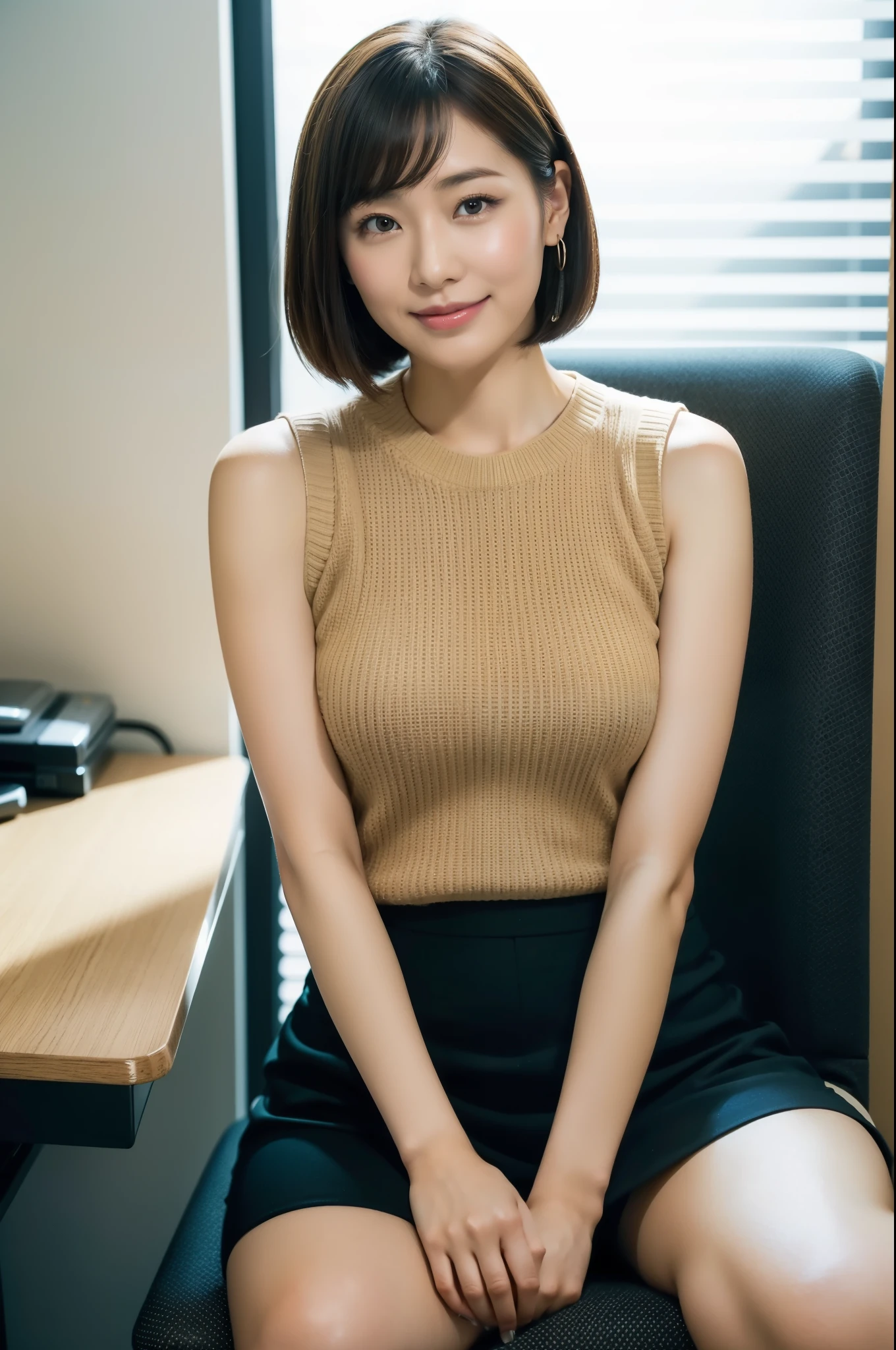 best image quality、Beautiful Japan woman in her 30s、outstanding style、open your legs wide、mini skirt、thighs thighs thighs、Shiseido、professional lighting、professional photographer、Focus on the eyes、In a dark office、sit on a chair、I can see your pants、smile、Wearing a beige sleeveless knit、shortcut、bob、a little thick body、