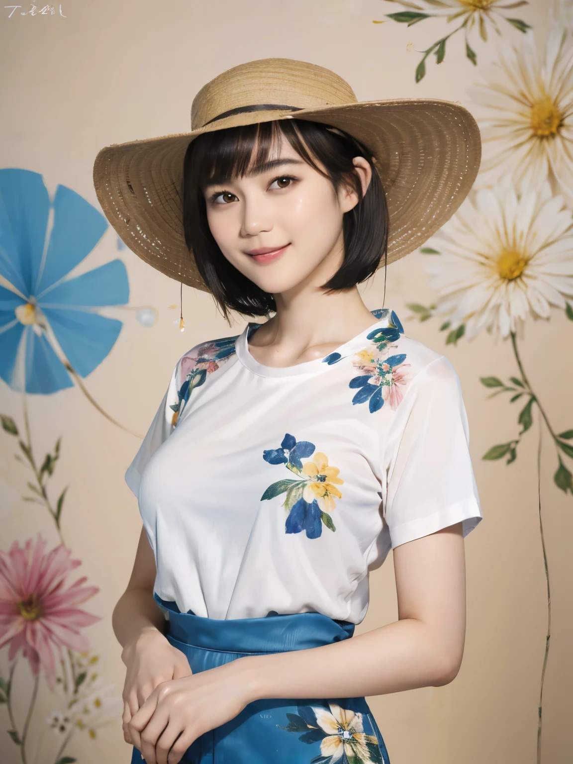 159
(Shorthair:1.46),  (a 20 yo woman, standing), (A hyper-realistic), (Masterpiece), (8KUHD), (gentle smile), Slender waist,  ((Floral Clothing - T-Shirts)), (abstract splash painting), (breasts:1.3), (口紅), panama hat
