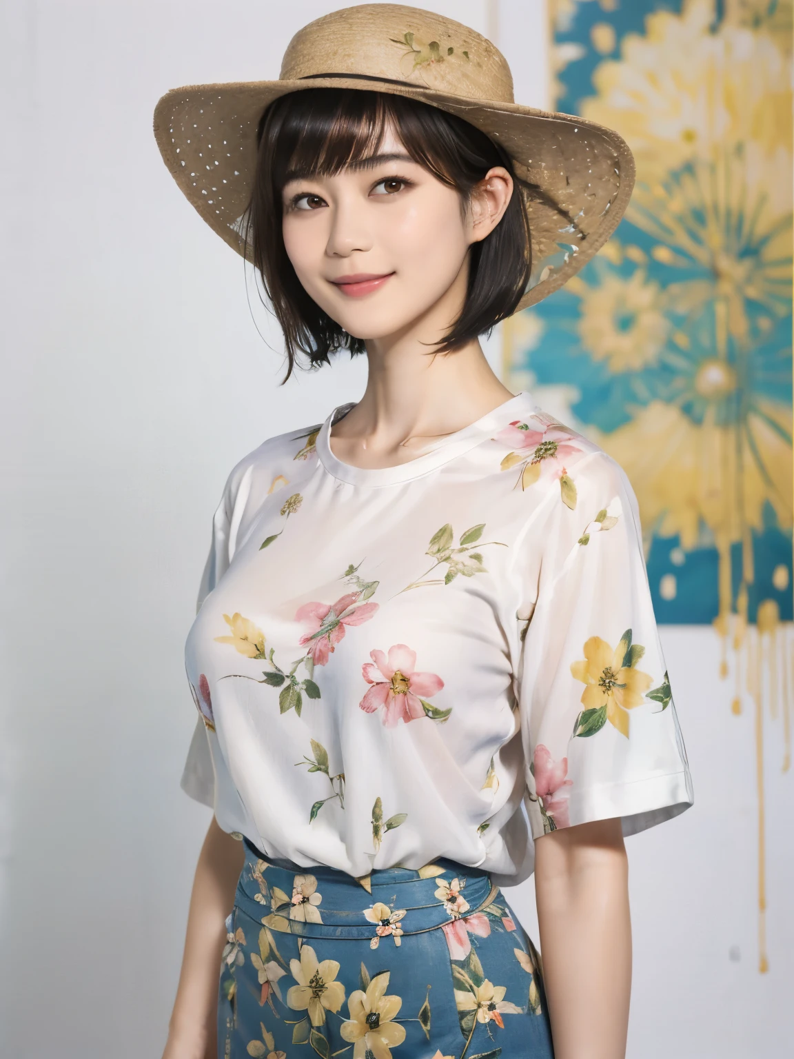 159
(Shorthair:1.46),  (a 20 yo woman, standing), (A hyper-realistic), (Masterpiece), (8KUHD), (gentle smile), Slender waist,  ((Floral Clothing - T-Shirts)), (abstract splash painting), (breasts:1.3), (口紅), panama hat
