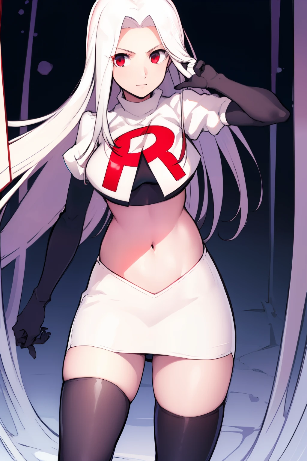 ((masterpiece,best quality)), absurdres, Irisviel_von_Einzbern, solo, looking at viewer, cowboy shot, cinematic composition, dynamic pose, team rocket,team rocket uniform,white skirt,red letter R,crop top,black thigh-highs,black elbow gloves