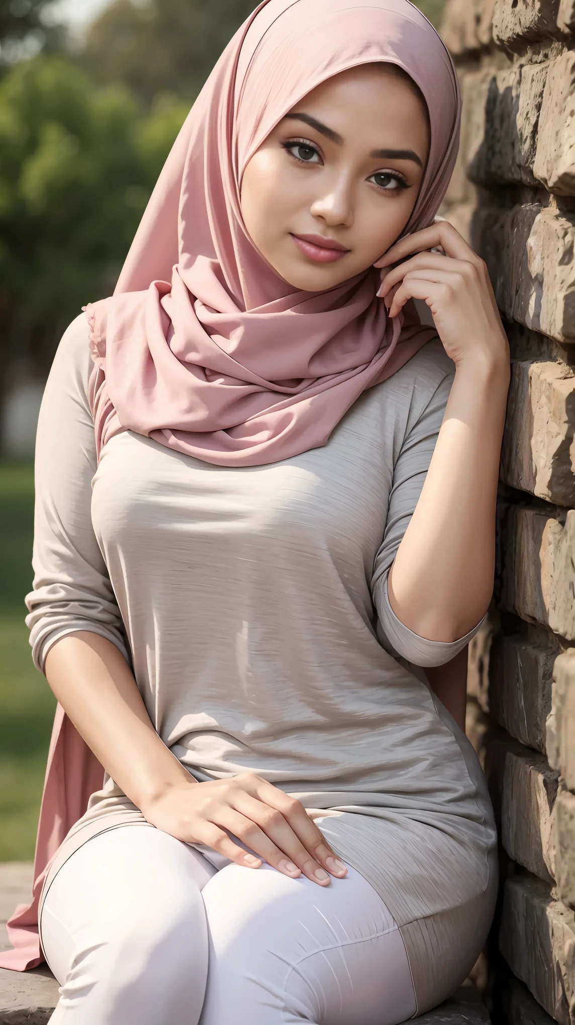 (Close Up),RAW, Best quality, high resolution, masterpiece: 1.3), beautiful Malay woman in hijab,Masterpiece, perfect slim fit body,small breast, big gorgeous eyes, Soft smile,beautiful face,thick thighs, woman sitting on a stone wall with a bag and a backpack, feminine in cute pastel shades, feminine in pastel shades, hijab, with lovely look, handsome girl, casual pose, wearing beautiful clothes, simple dress, inspired by Fathi Hassan , very attractive and beautiful, Excellent lighting, Bright colors, Clean lines