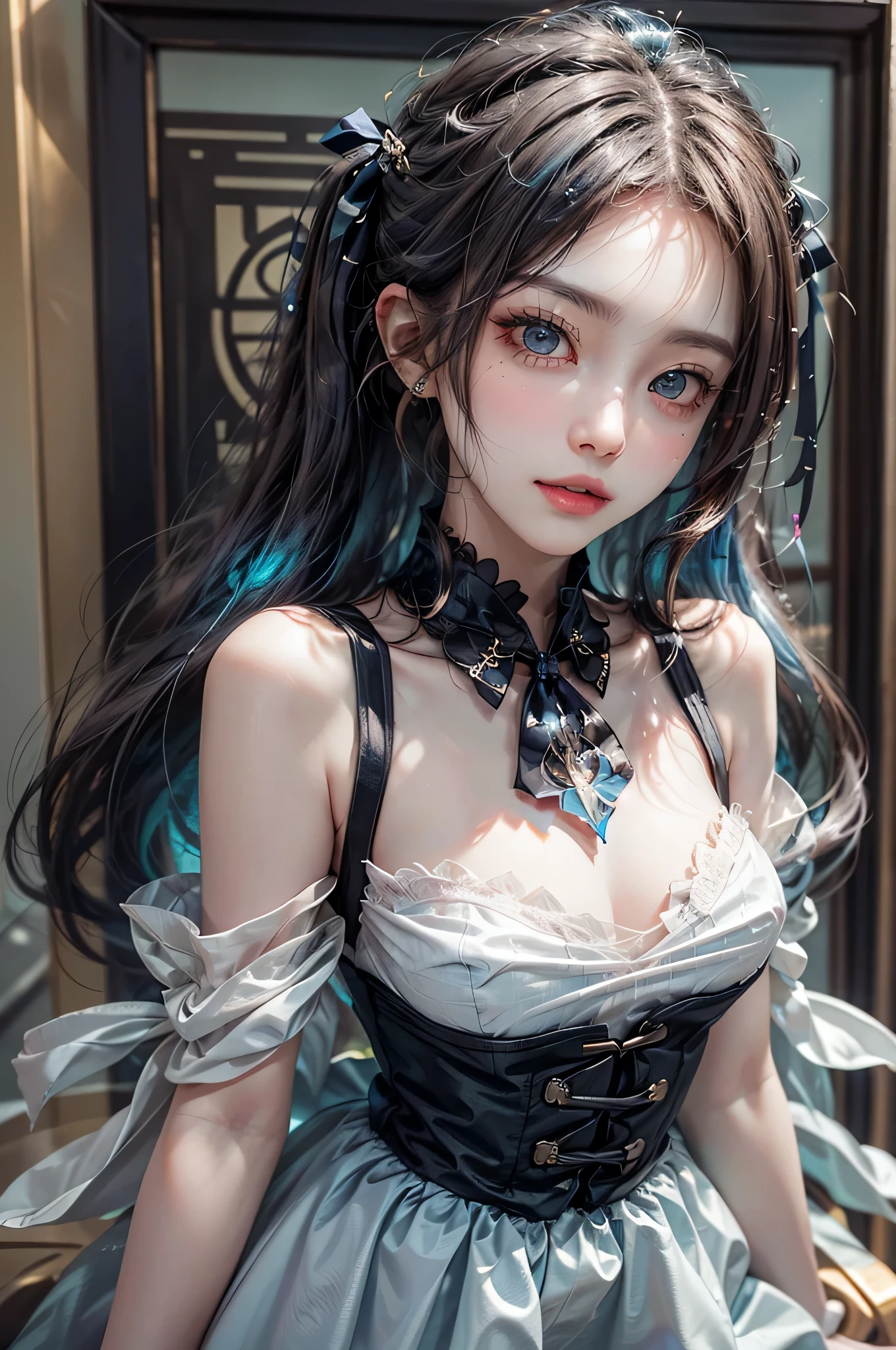 (Close-up:1.4)、(RAW shooting:1.2)、(photorealistic:1.4)、(masterpiece:1.3)、(highest quality:1.4)、solo、7 head and body、(slender and beautiful girl)、cute、(beautiful detailed eyes)、(charming big eyes)、(beautiful double eyelids)、(beautiful and detailed face)、(gentle smile:1.2)、(big breasts:1.2)、(cleavage)、(erect nipples:1.2)、(full body shot)、8K、(muste piece:1.2)、(pale blue hair、twin tails:1.3)、(Bangs Patsun)、(headdress、white blouse、black ribbon、ruffle skirt、puff sleeves、collar、choker、white apron with fine frills:1.3)、White Knee High Socks、black maid costume、(Sexy model pose with chest sticking out:1.3)、cowboy shot、view audience、(small butt)、(beautiful hands)、(beautiful thighs)、cute系、(perfect anatomy:1.2)、ancient city、