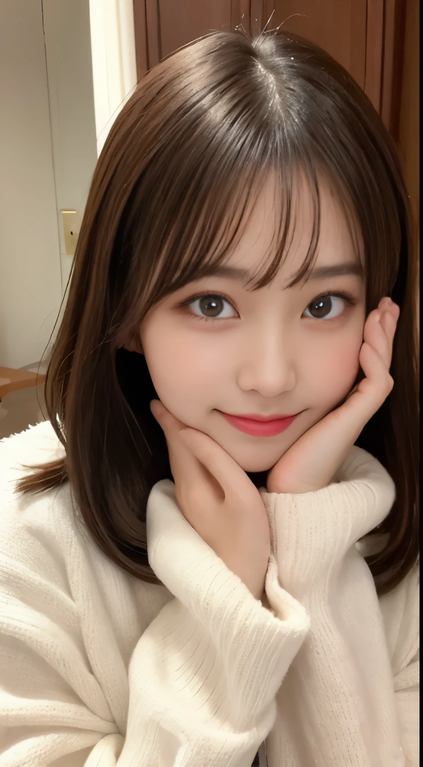 table top, highest quality, figure, super detailed, finely, High resolution, 8k wallpaper, 完璧なダイナミックな構figure, beautiful and fine eyes, white fluffy winter clothes,medium hair,,natural color lip, bold sexy pose,smile,mansion(room,Bet)、20 year old girl、cute、sexy shot looking at camera,perfect and beautiful face and fingers,Take a close-up photo of your face,Take only the face