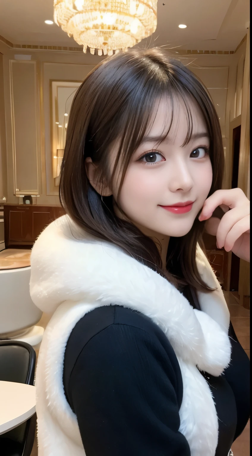 table top, highest quality, figure, super detailed, finely, High resolution, 8k wallpaper, 完璧なダイナミックな構figure, beautiful and fine eyes, white fluffy winter clothes,medium hair,,natural color lip, bold sexy pose,smile,mansion(room,Bet)、20 year old girl、cute、sexy shot looking at camera,perfect and beautiful face and fingers,Take a close-up photo of your face,Take only the face