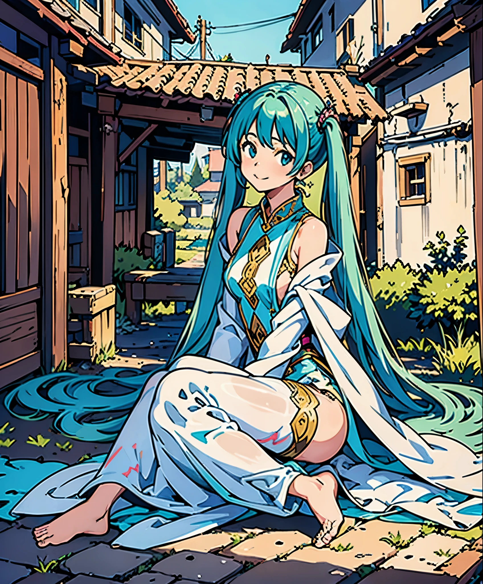 (masterpiece、highest quality、highest quality、official art、beautiful beautiful:1.2)、(1 girl:1.3)Hatsune Miku、beautiful breasts、twin tails、adorable smile、very detailed、Suspiciously beautiful woman, Her face hidden by a veil, Sitting on the ground in an alley in a desert town, Sell her goods in a stall on the carpet. She wears intricate and delicate ornaments. On the carpet at her feet、Accessories and merchandise decorated with gold and precious stones are lined up. Detail view. Bright colors. high resolution.
