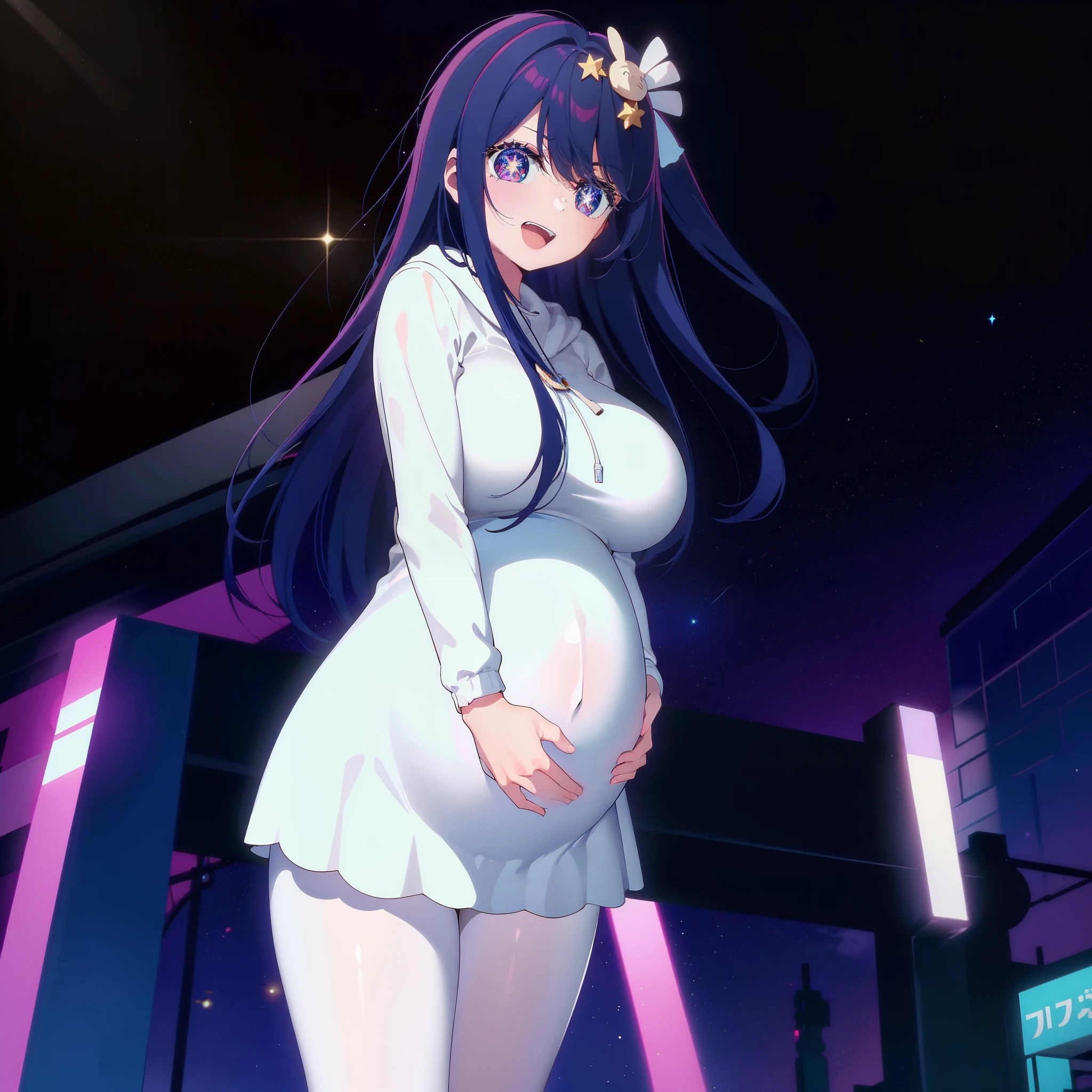 ((Masterpiece, Best Quality)),
stand in center of screen,(from head to shin),
1girl, Ai Hoshino,shiny skin,
(Hoodie),Open white coat,
(impossible clothes,silhouette),
(Stars in the Eyes,sparkle in the eyes,
clear eyes, beautiful six-pointed star eyes),
((colossal breasts, pregnant)),open mouth,smile,
black pantyhose,(hair ornaments),
City,street,(from front),