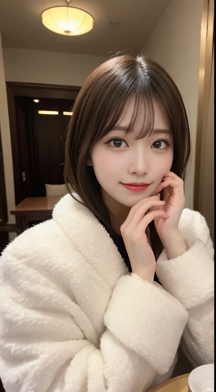 table top, highest quality, figure, super detailed, finely, High resolution, 8k wallpaper, 完璧なダイナミックな構figure, beautiful and fine eyes, white fluffy winter clothes,medium hair,,natural color lip, bold sexy pose,smile,mansion(room,Bet)、20 year old girl、cute、sexy shot looking at camera,perfect and beautiful face and fingers,Take a close-up photo of your face,Take only the face