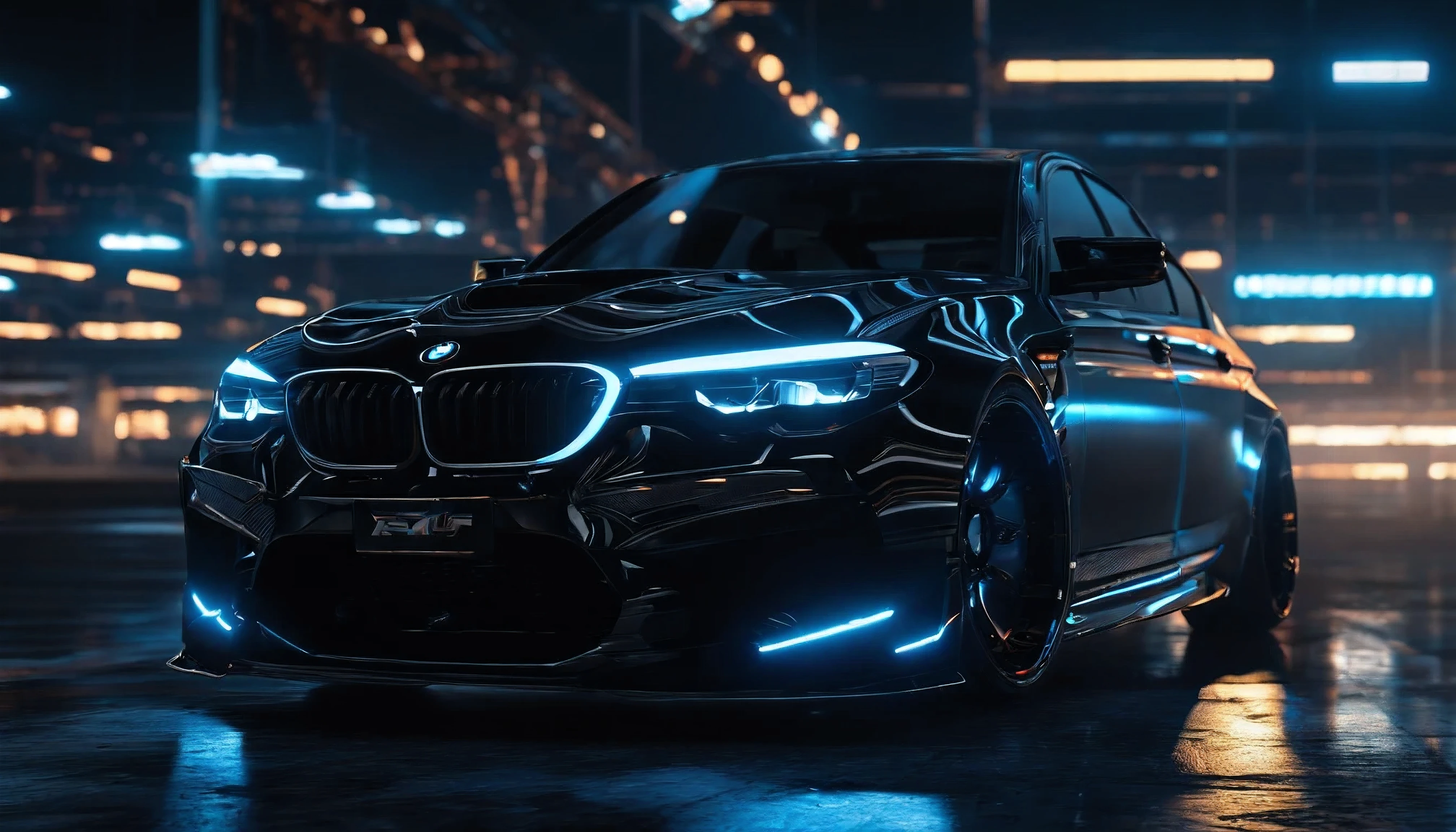 aggressive black BMW M5CS 2019 with massive spoiler, dark blue light trail timelapse background, dark royal blue-black, glowing headlights