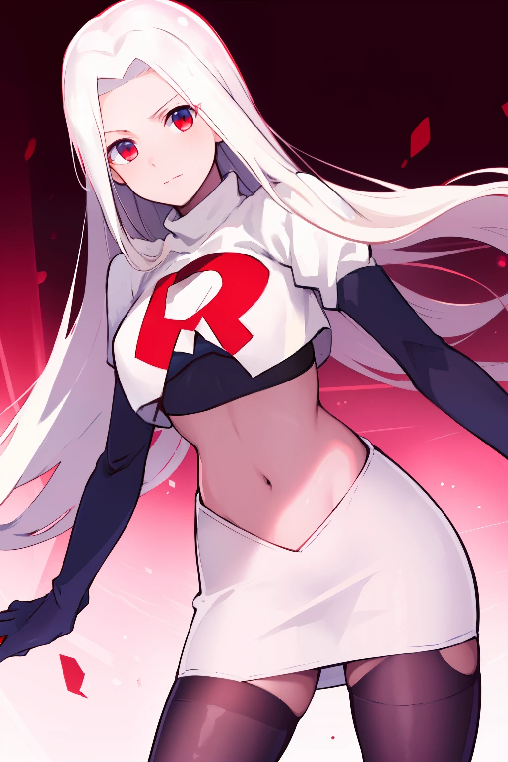 ((masterpiece,best quality)), absurdres, Irisviel_von_Einzbern, solo, looking at viewer, cowboy shot, cinematic composition, dynamic pose, team rocket,team rocket uniform,white skirt,red letter R,crop top,black thigh-highs,black elbow gloves
