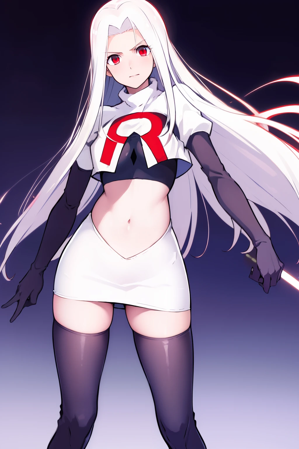 ((masterpiece,best quality)), absurdres, Irisviel_von_Einzbern, solo, looking at viewer, cowboy shot, cinematic composition, dynamic pose, team rocket,team rocket uniform,white skirt,red letter R,crop top,black thigh-highs,black elbow gloves