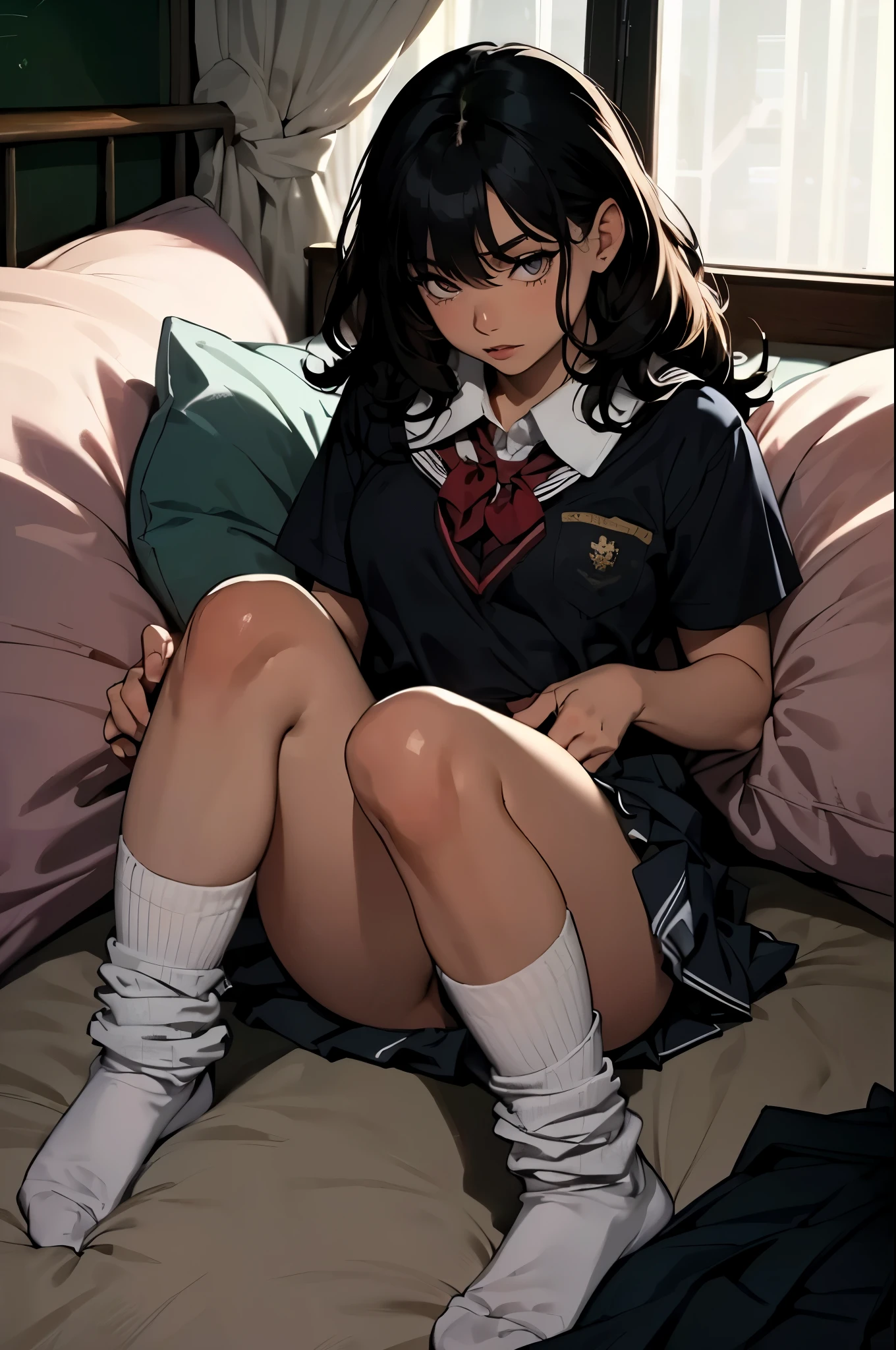 (masterpiece, highest quality), (high resolution, details),
anime, line-art, flat shading,depth:1.2,

Solo: 1.2, female,(detailed face:1.2),(detailed hair:1.2),,(detailed eyes:1.2),
(School uniform: 1.5), Baggy socks,
(Unruly hair, voluminous hair),breasts,
(Beautiful thighs: 1.0),

lie down,lie down on back,on bed,