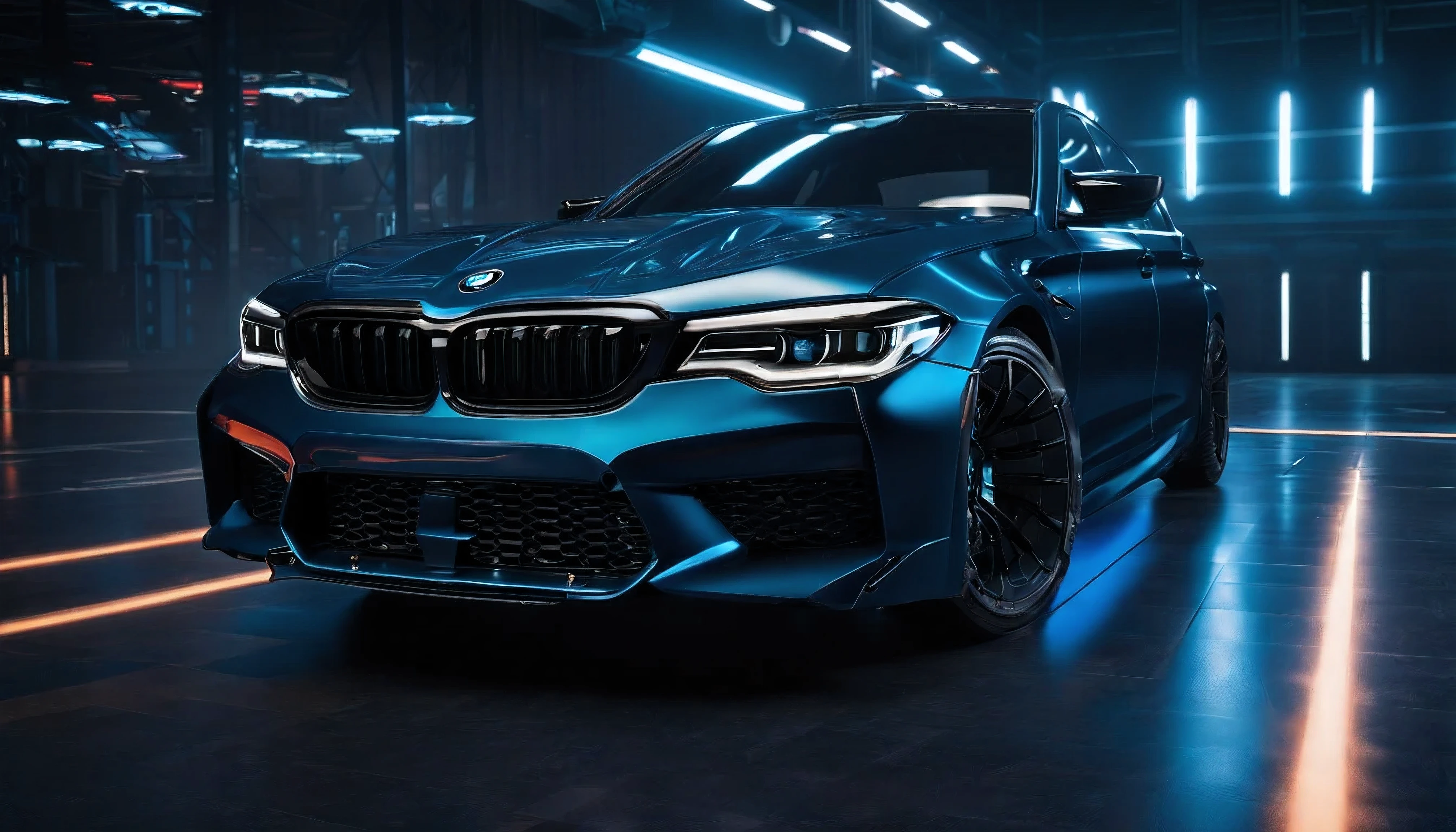 aggressive black BMW M5CS 2019 with massive spoiler, dark blue light trail timelapse background, dark royal blue-black, glowing headlights