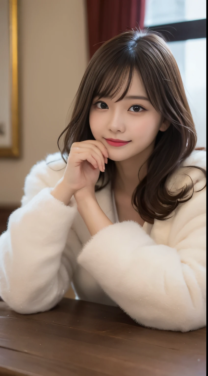 table top, highest quality, figure, super detailed, finely, High resolution, 8k wallpaper, 完璧なダイナミックな構figure, beautiful and fine eyes, white fluffy winter clothes,medium hair,,natural color lip, bold sexy pose,smile,mansion(room,Bet)、20 year old girl、cute、sexy shot looking at camera,perfect and beautiful face and fingers,Take a close-up photo of your face,Take only the face