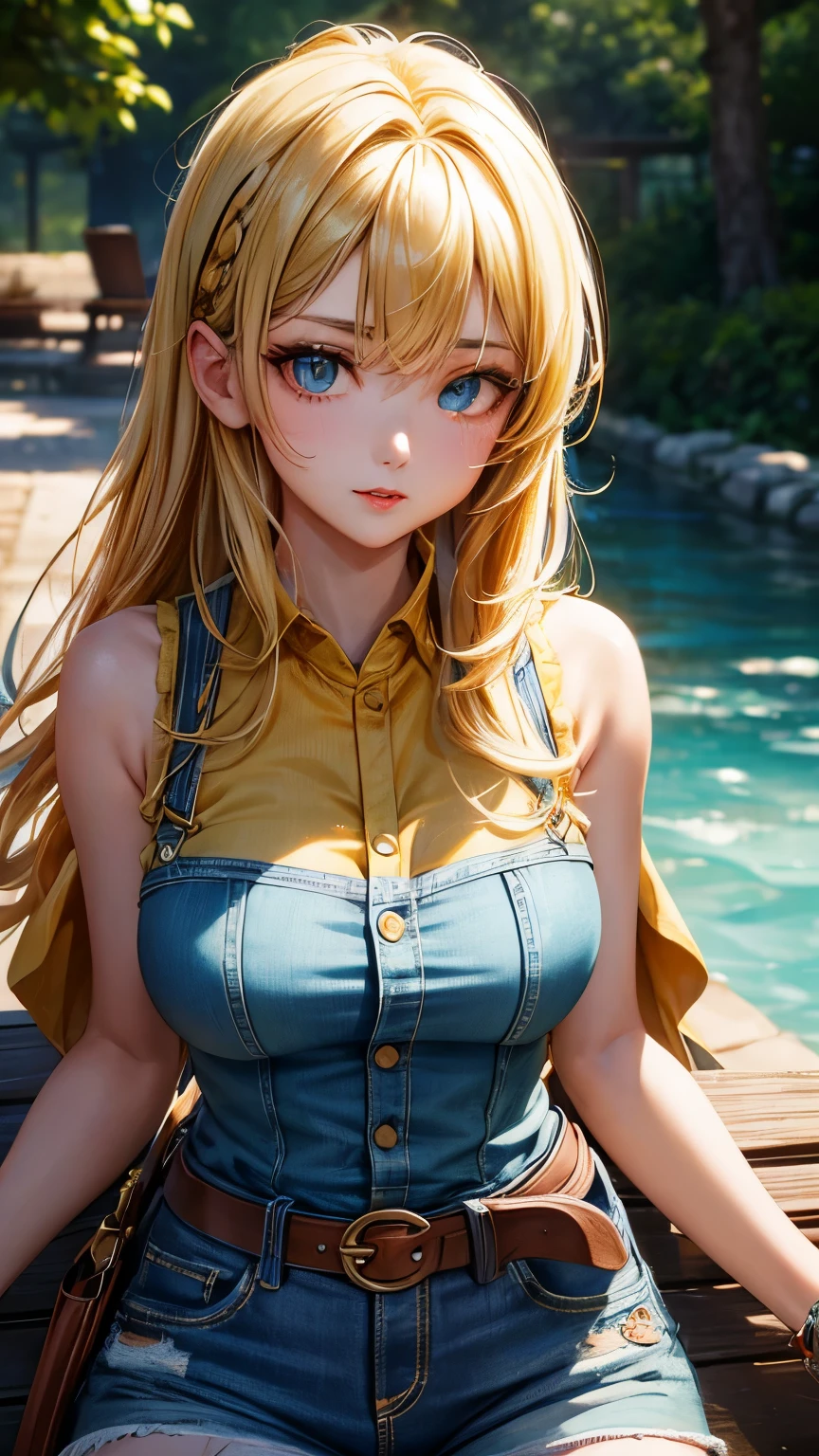 (masterpiece), best quality, expressive eyes, Goddess woman, colored inner hair, cowboy shot, bokeh, close-up, from above the mouth down, seductive look, green sleeveless shirt, yellow denim shorts, white belt, red lips, saliva