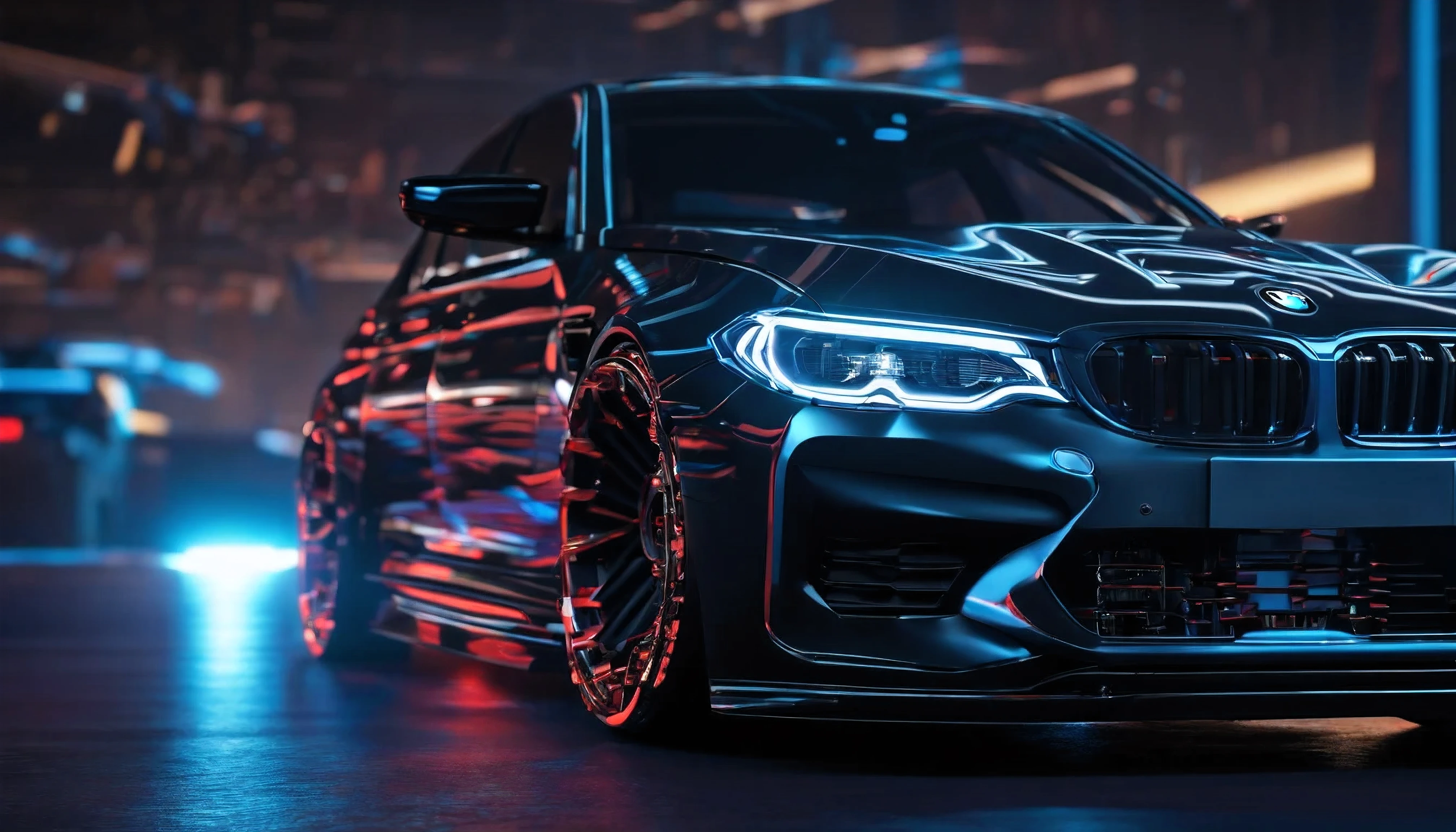 aggressive black BMW M5CS 2019 with massive spoiler, dark blue light trail timelapse background, dark royal blue-black, glowing headlights