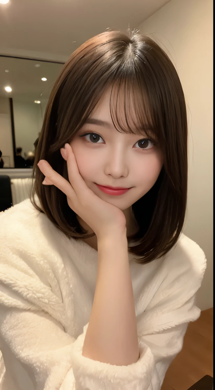 table top, highest quality, figure, super detailed, finely, High resolution, 8k wallpaper, 完璧なダイナミックな構figure, beautiful and fine eyes, white fluffy winter clothes,medium hair,,natural color lip, bold sexy pose,smile,mansion(room,Bet)、20 year old girl、cute、sexy shot looking at camera,perfect and beautiful face and fingers,Take a close-up photo of your face,Take only the face
