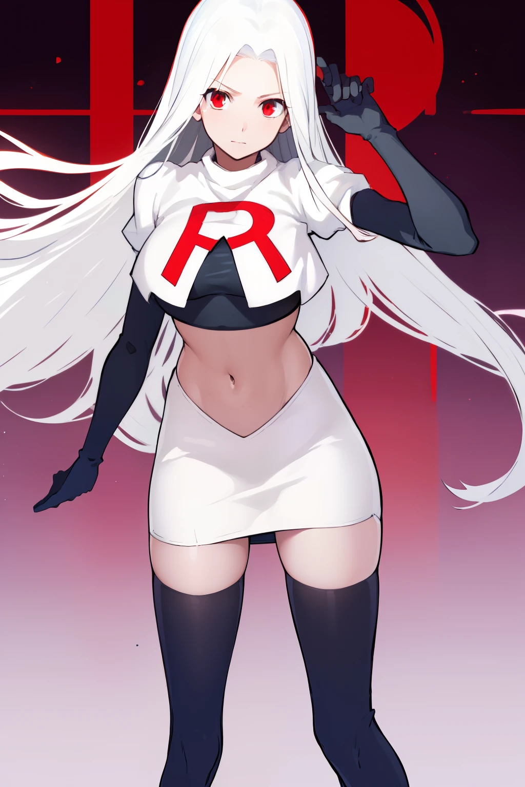 ((masterpiece,best quality)), absurdres, Irisviel_von_Einzbern, solo, looking at viewer, cowboy shot, cinematic composition, dynamic pose, team rocket,team rocket uniform,white skirt,red letter R,crop top,black thigh-highs,black elbow gloves