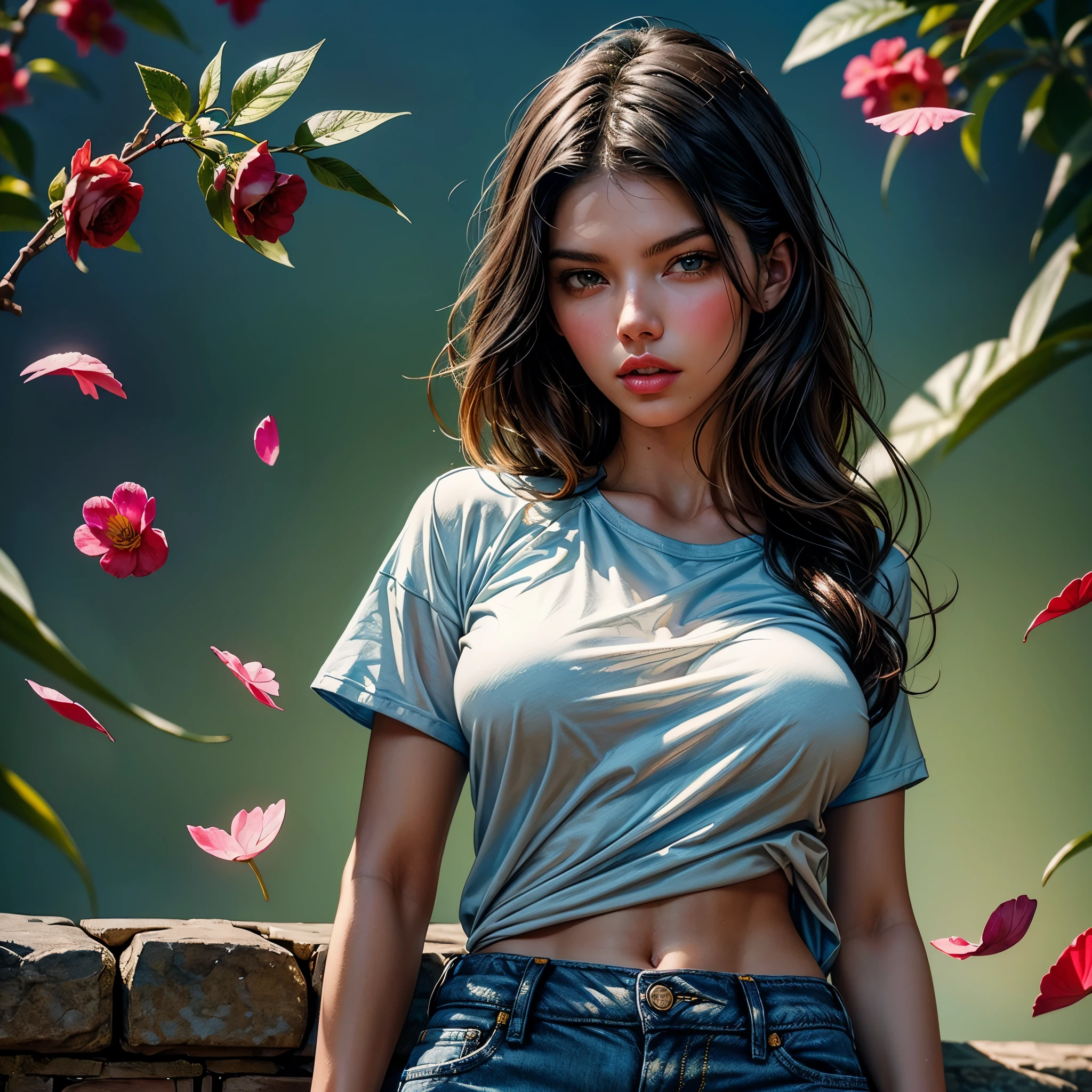 style FANTASTIC::Marc Silvestri ::5.0 COMIX illustration style, Fantastic Paintings--quality ,illustration style, DETAILED ,TATOON STYLE , Adriana Lima , gorgeous woman ULTRA DETAILED, (beautiful and clear background:1.2), (extremely detailed CG, ultra-detailed, best shadow:1.1), ((depth of field)), ((watercolor)), large breasts (with jeans and a white t-shirt:1.3), bare shoulders, flowers and petals, beautiful concept illustration , (white background:0.5), (illustration :1.1), (extremely fine and beautiful:1.1), (perfect details:1.1) varied multi etc. --v 6 --s 1000 --c 20 --q 20 --chaos 100
