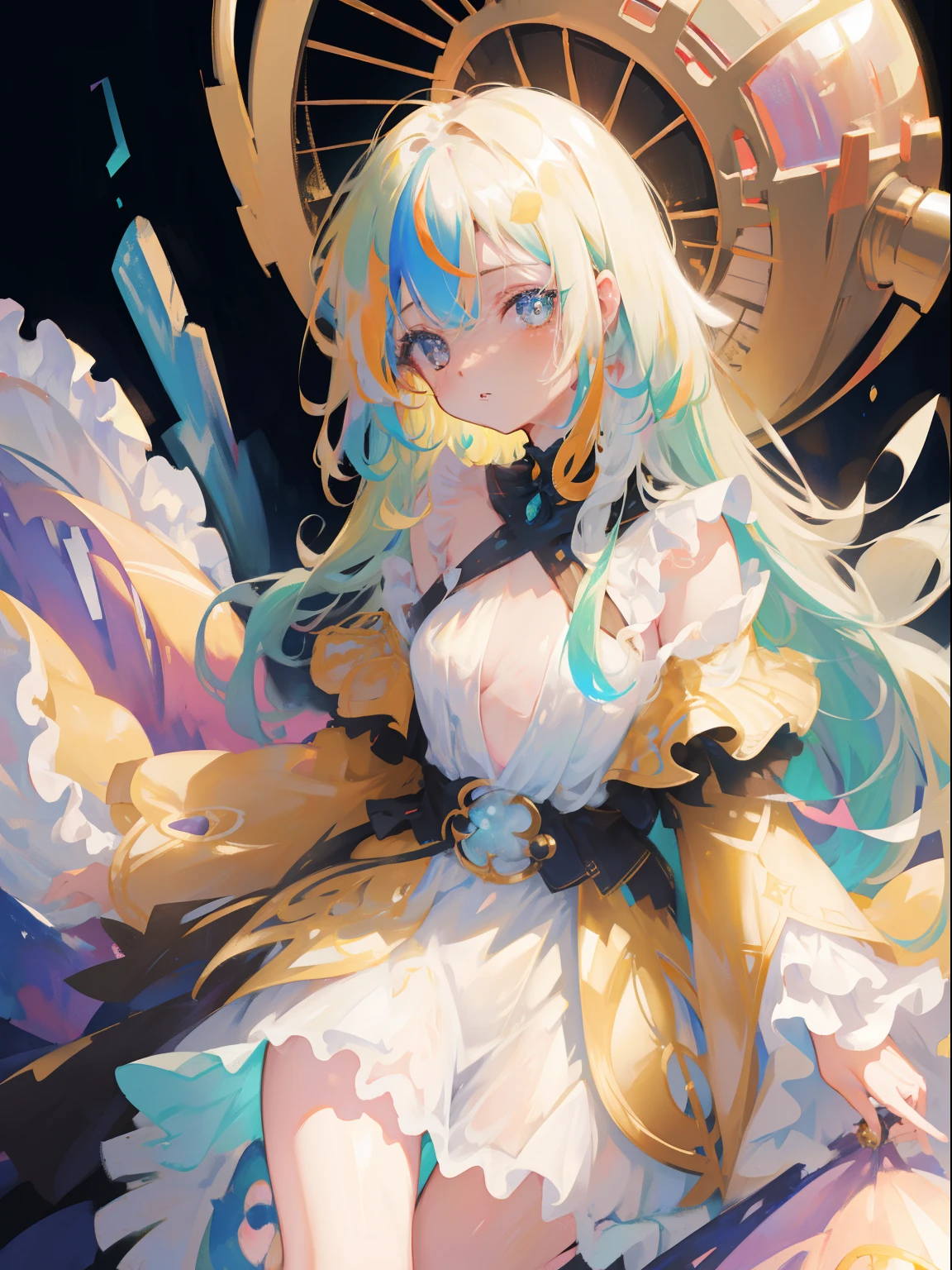 nsfw,nude,sex,Sheer clothing、gangbang,sex,masterpiece, highest quality, 8K resolution, sharp focus, intricate details, beautiful girl, sparkling eyes, golden ratio face, liquid from another world, watercolor, pastel colour, bright colors, Whimsical, colorful, sharp focus, High resolution, small details, ((Layered Tiered Puffy Long Sleeve Ball Gown)), ((round eyes)), rainbow colored bubbles, fantasy background
