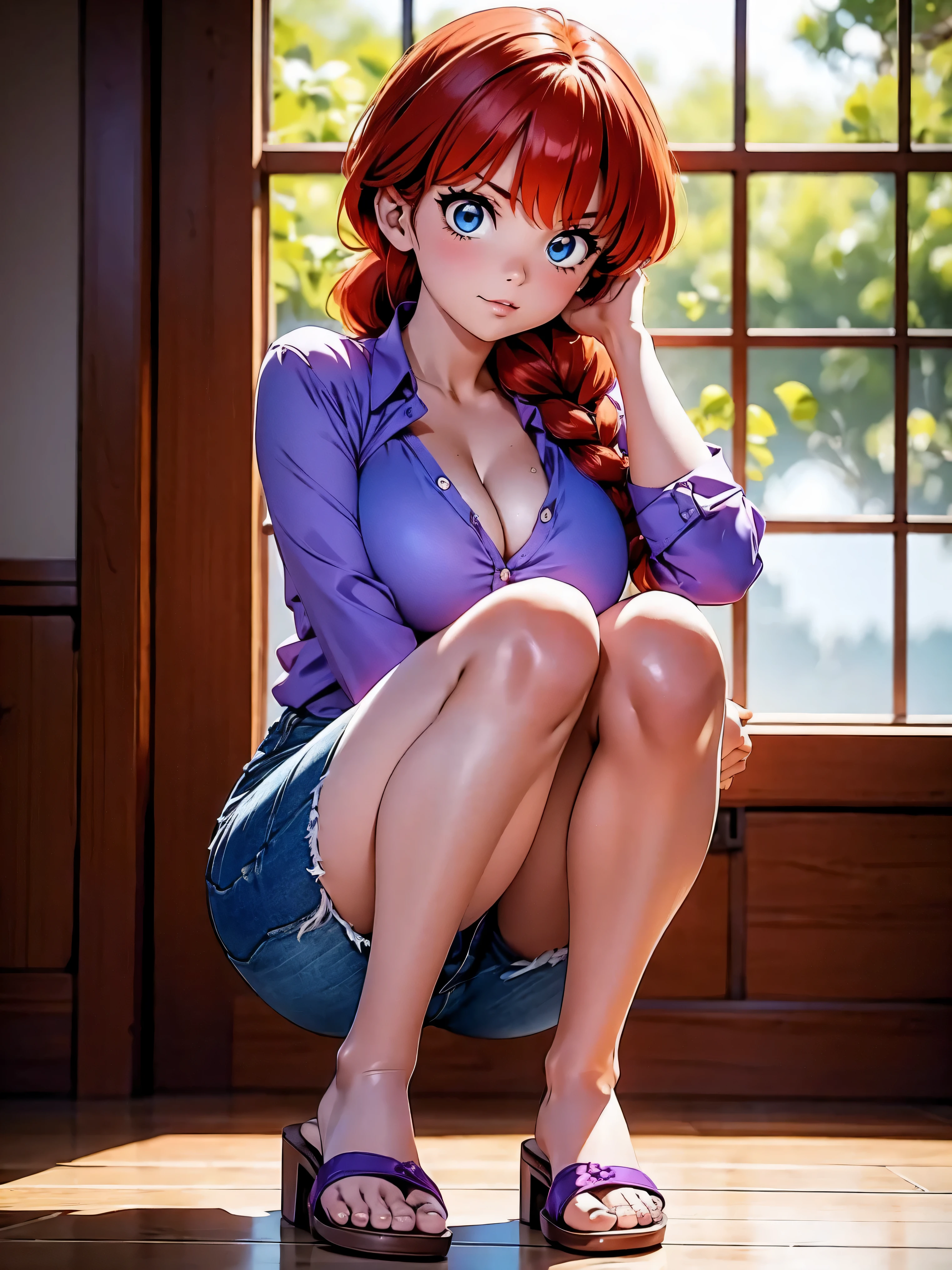 Redhead Menina anime with blue denim shorts and purple blouse, 16 anos, Agachamento, sentado com as pernas cruzadas, corpo bonito, seios grandes, with hands behind head, running your hands through your hair, Garota sexy, red hair with braid, gorgeous lighting, sombras suaves, olhos azuis, lindas pernas, hair with braid, estilo anime, Ranma Chan, Autor Rumiko Takahashi, Baseado em uma obra de Rumiko Takahashi, Anime Ranma 1/2, decote sexy, quadris robustos, corpo todo, corpo todo , grande busto, young girl with beautiful and corpo bonito, sandals on the feet, girl 16 anos young short stature, vestindo shorts jeans azuis e uma linda blusa roxa,  anime, estilo anime, beautiful feet in sandals, sitting on the floor, 45° viewing angle