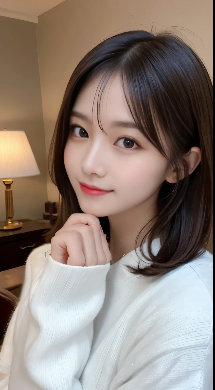 table top, highest quality, figure, super detailed, finely, High resolution, 8k wallpaper, 完璧なダイナミックな構figure, beautiful and fine eyes, white fluffy winter clothes,medium hair,,natural color lip, bold sexy pose,smile,mansion(room,Bet)、20 year old girl、cute、sexy shot looking at camera,perfect and beautiful face and fingers,Take a close-up photo of your face,Take only the face