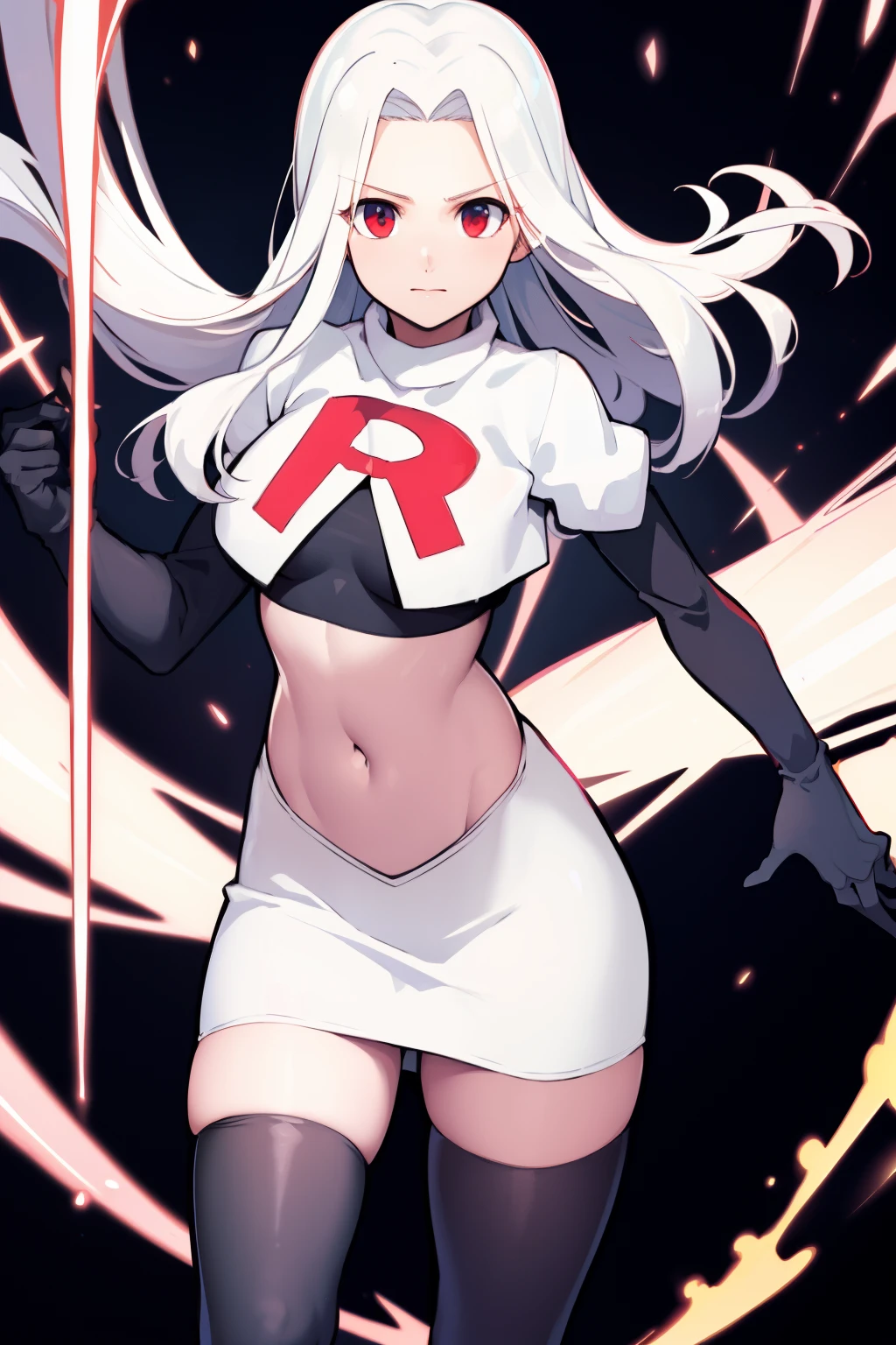 ((masterpiece,best quality)), absurdres, Irisviel_von_Einzbern, solo, looking at viewer, cowboy shot, cinematic composition, dynamic pose, team rocket,team rocket uniform,white skirt,red letter R,crop top,black thigh-highs,black elbow gloves