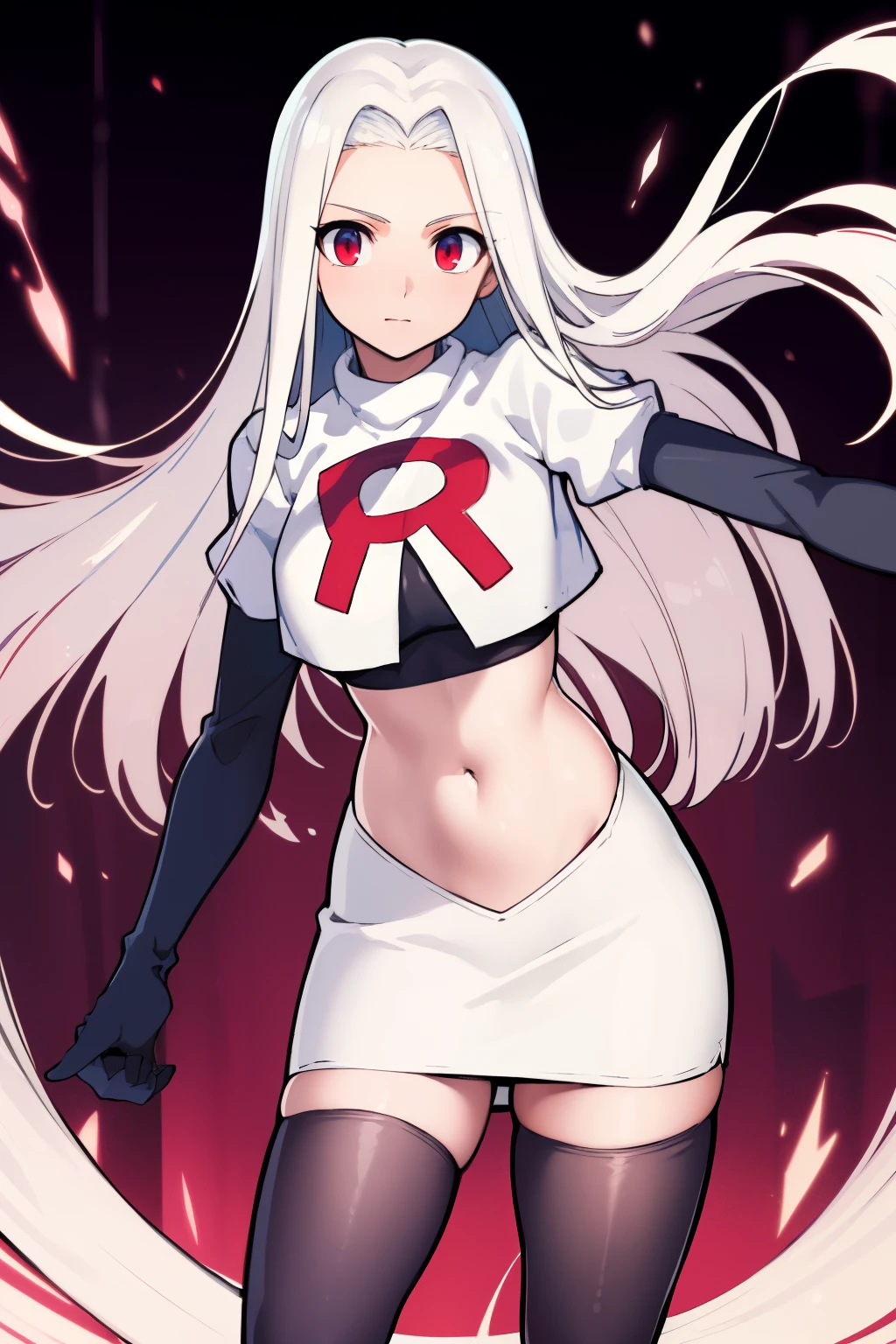 ((masterpiece,best quality)), absurdres, Irisviel_von_Einzbern, solo, looking at viewer, cowboy shot, cinematic composition, dynamic pose, team rocket,team rocket uniform,white skirt,red letter R,crop top,black thigh-highs,black elbow gloves