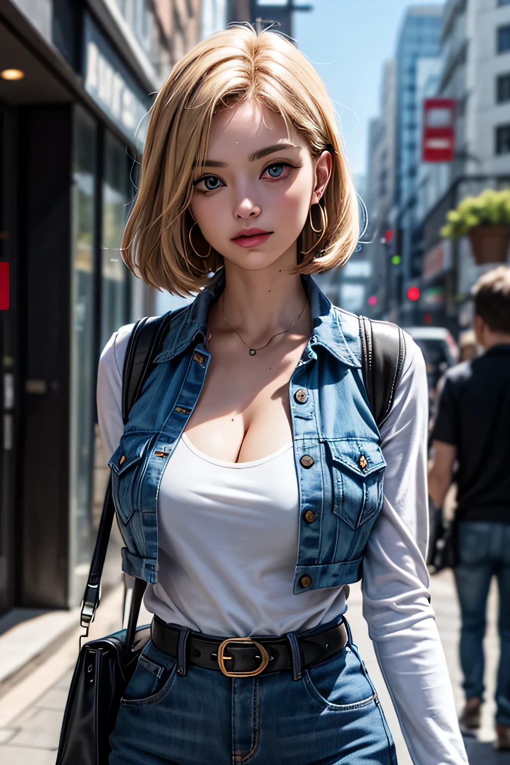 android 18, android 18, blonde hair, blue eyes, eyelash, hoop earrings, short hair, earrings, break belt, black legwear, black shirt, breast pocket, cleavage, clavicle, denim, denim skirt, high-waist skirt, jewelry, long sleeve, pocket, shirt, shirt tucked in, skirt, striped, striped sleeves, waistcoat,, break outdoors, city, null, cloud, sun, break looking at viewer, (cowboy shot:1.5), break (masterpiece:1.2), highest quality, High resolution, unity 8k wallpaper, (shape:0.8), (beautiful and detailed eyes:1.6), highly detailed face, perfect lighting, Very detailed CG, (perfect hands, perfect anatomy)