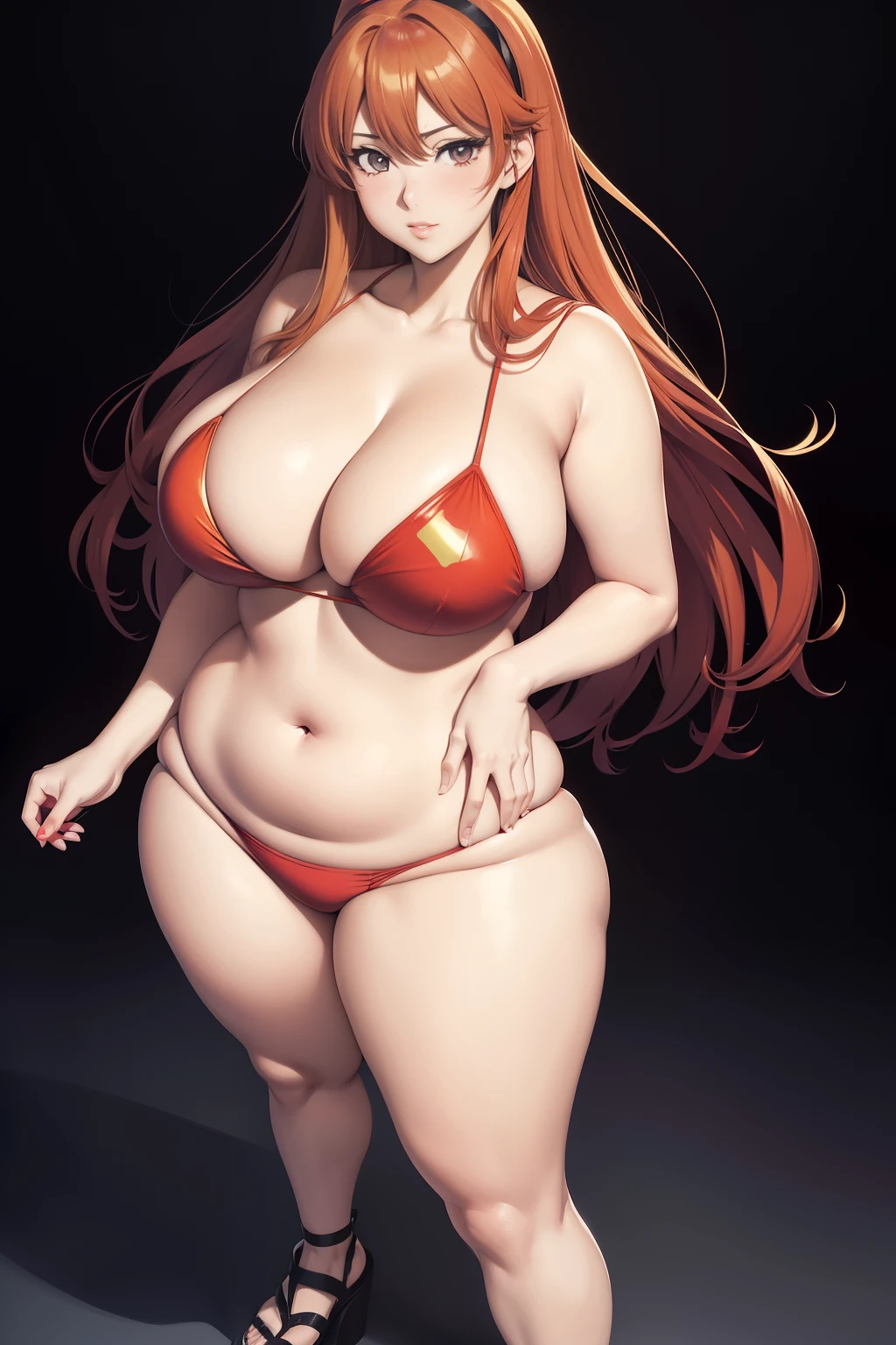 Full body portrait photo of anime bbw girl in red bikini with long hair and big breasts, very fat curvy body, wide waist and wide hips, round and beautiful face, very similar portrait of asuka langley Soryu, asuka langley, anime female characters, Evangelion beautiful girl, That&#39;s Junji&#39;s style, Asuka from Evangelion,  cel shaded anime