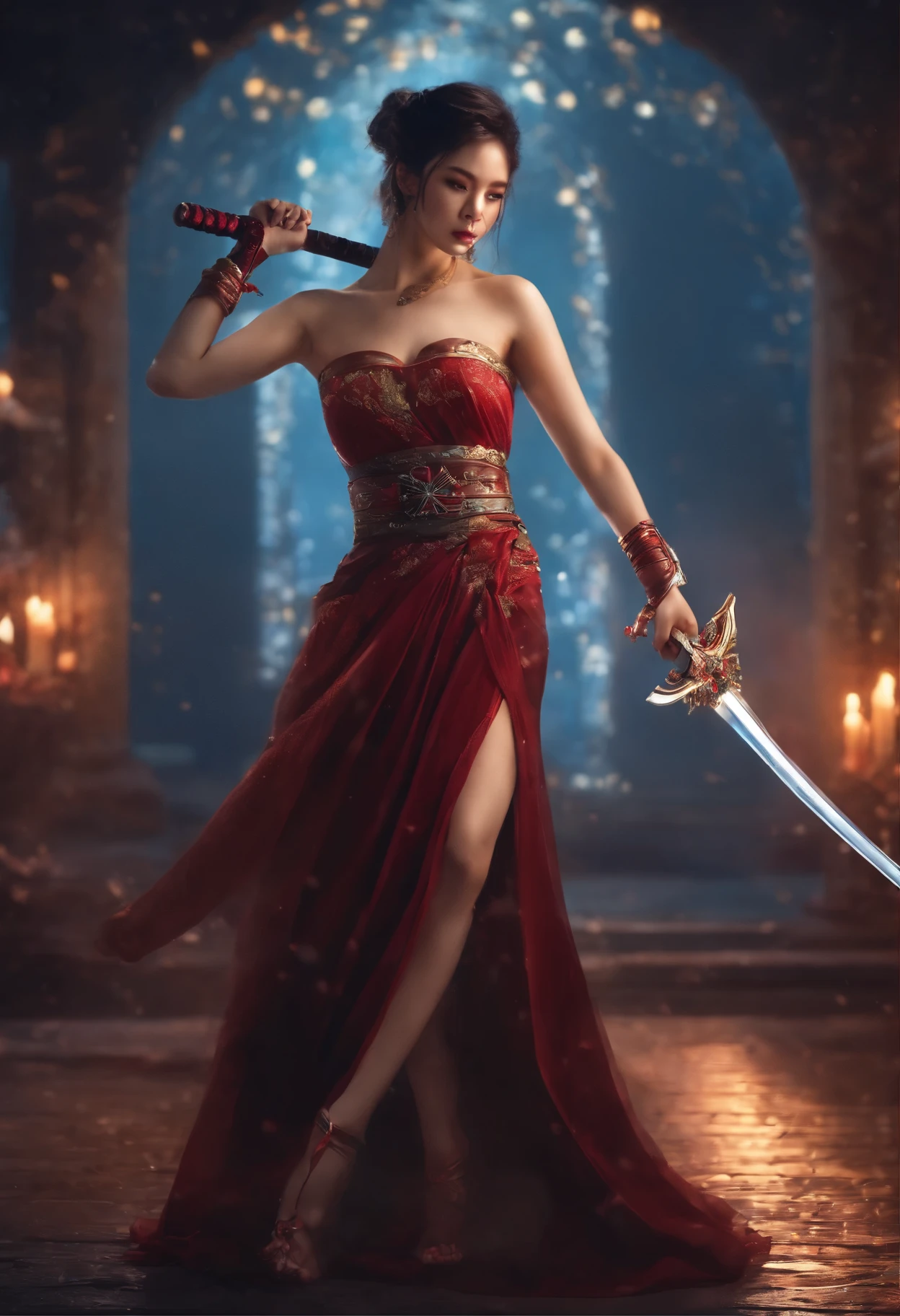 Beautiful girl with a katana in her hand, Dress in a strapless dress that shows off your body.，Asian girl，Beautiful face，sparkling eyes, charming, nightmare, The colors are very bright., light particles, glowing, Mshift, Wallpaper Art, UHD wallpaper,(full body),sitting,squat