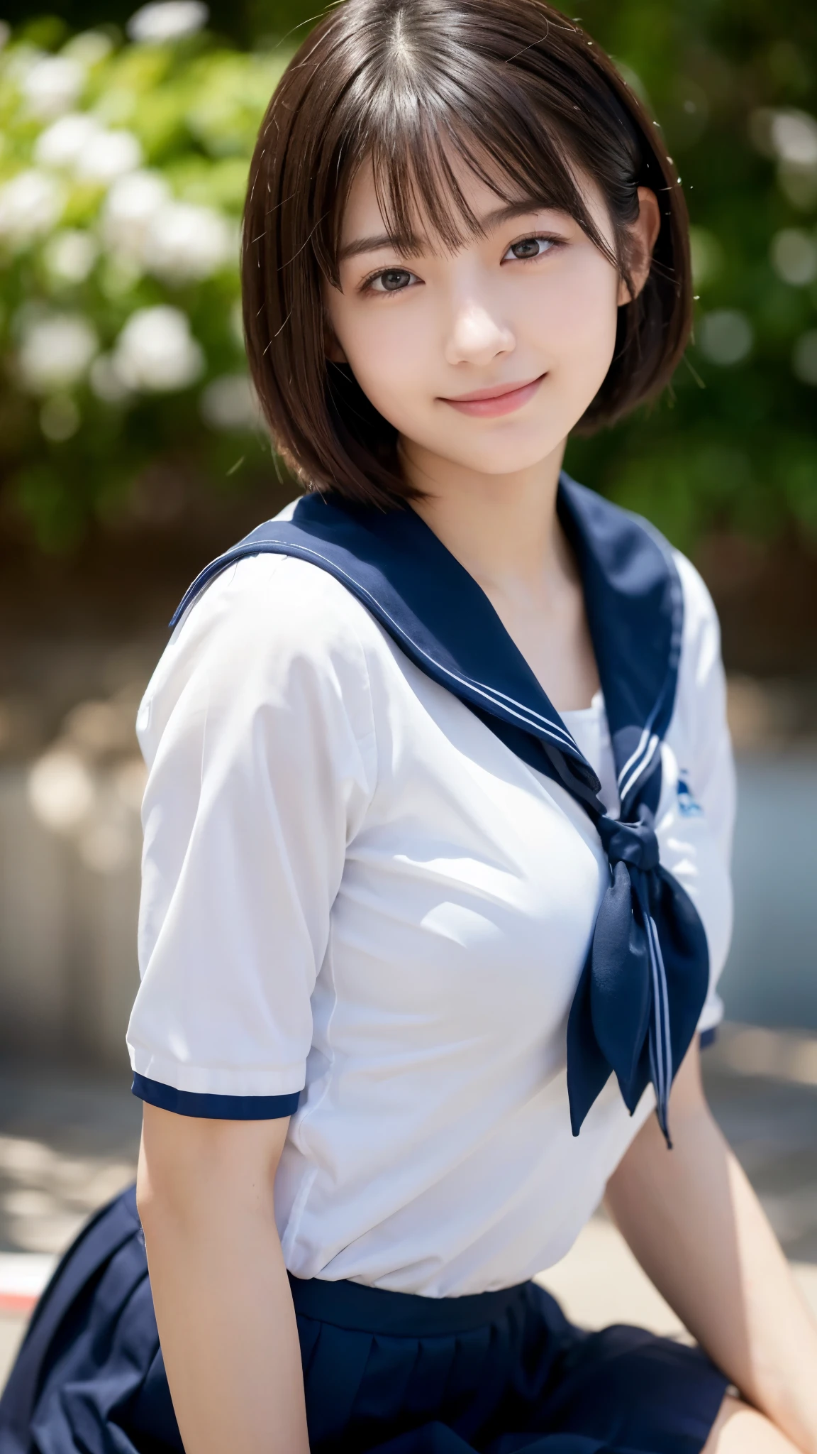 (highest quality,masterpiece:1.3,ultra high resolution),(Super detailed,caustics,16k),(photorealistic:1.4,RAW shooting),ultra-realistic capture,close-up of human skin,natural skin texture,Pores are detailed enough to be easily identified,Healthy skin and even tone,Use natural light and color,18-year-old,Japanese,cute,black short hair,Smiling and looking at the camera,(sailor suit),sit,big breasts,shot from the waist up,(face focus:1.3),(Face close-up:1.3),(low position:1.3),(Low - Angle:1.4),sun,Lens flare,blue sky,