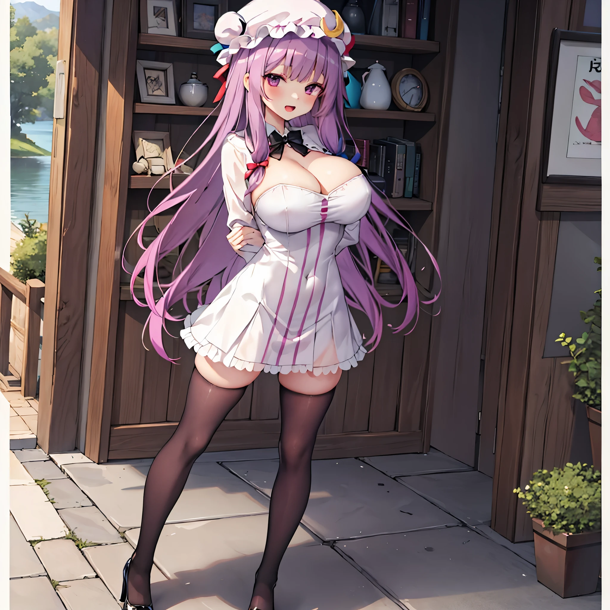 Patchouli toho character, (solo), (standing at lakeside forest), outside, open legs, arms behind back, bending back, tiptoe, pigeon toed, BREAK, (disproportionately gigantic huge breasts:1.2), inconceivably thin waist, very short torso, thin long legs apart, BREAK, very short miniskirt, (black thighhighs), highheels, BREAK, smile for viewer, open mouth, nose blush, full body